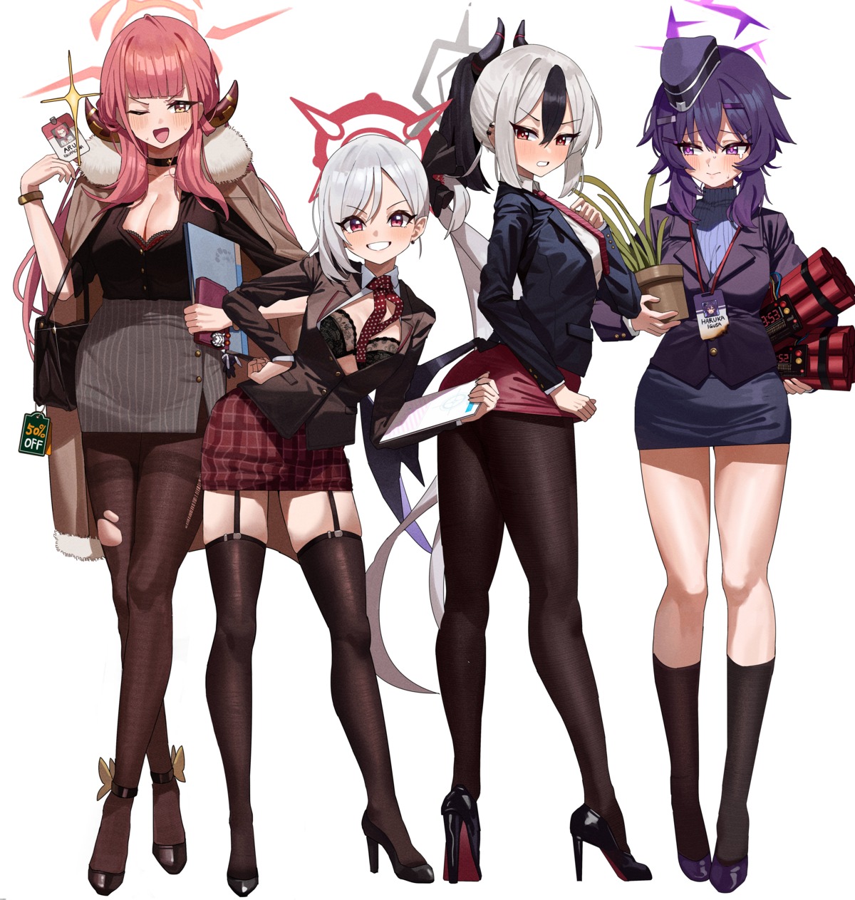 asagi_mutsuki blue_archive bra cleavage devil dress_shirt feipin_zhanshi halo heels horns igusa_haruka onikata_kayoko open_shirt pantyhose rikuhachima_aru skirt_lift stockings sweater thighhighs torn_clothes weapon wings