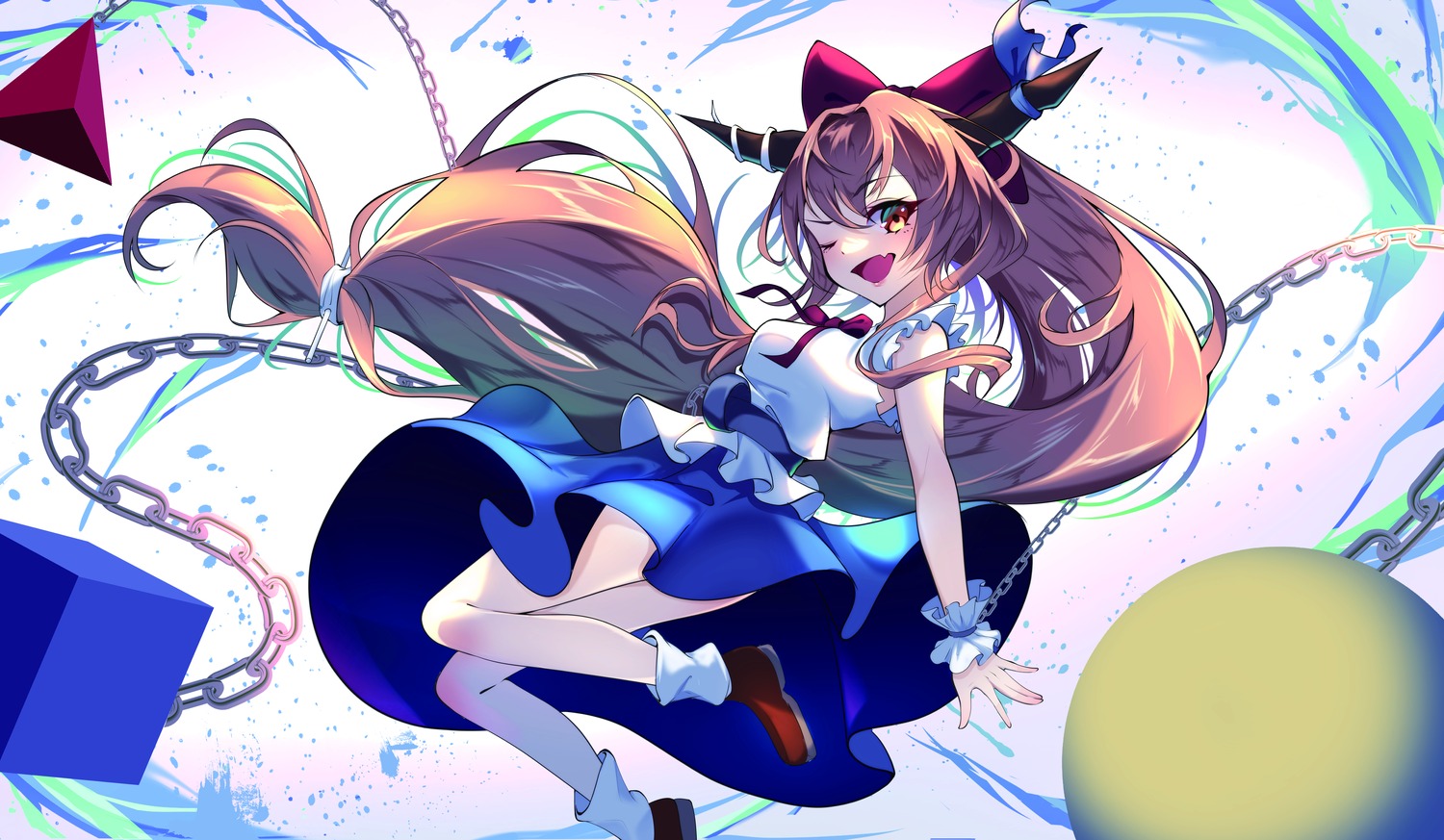 horns ibuki_suika skirt_lift touhou yamanakaume