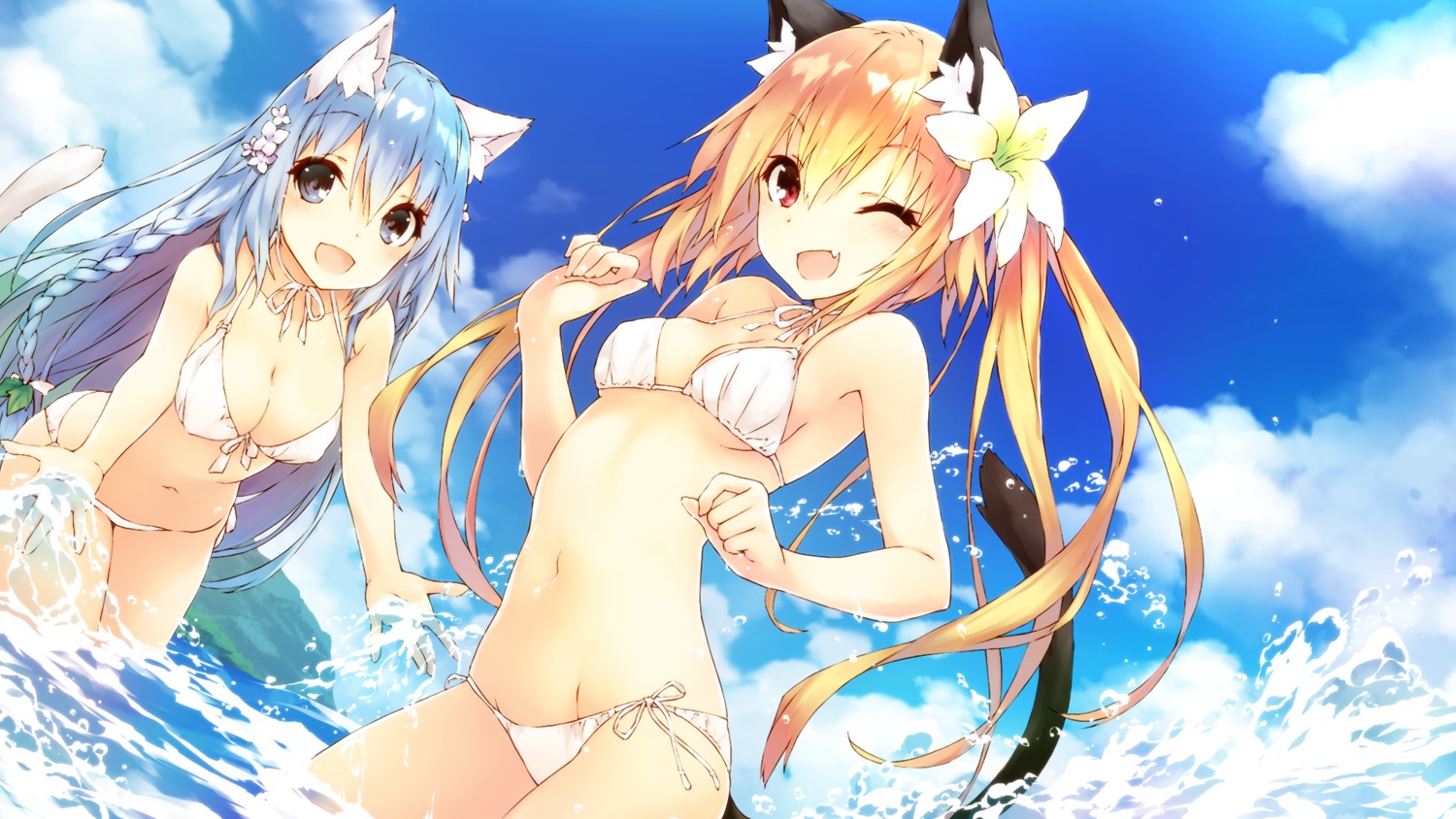 animal_ears bikini erect_nipples nekomimi saeki_thoma swimsuits tail wallpaper wet