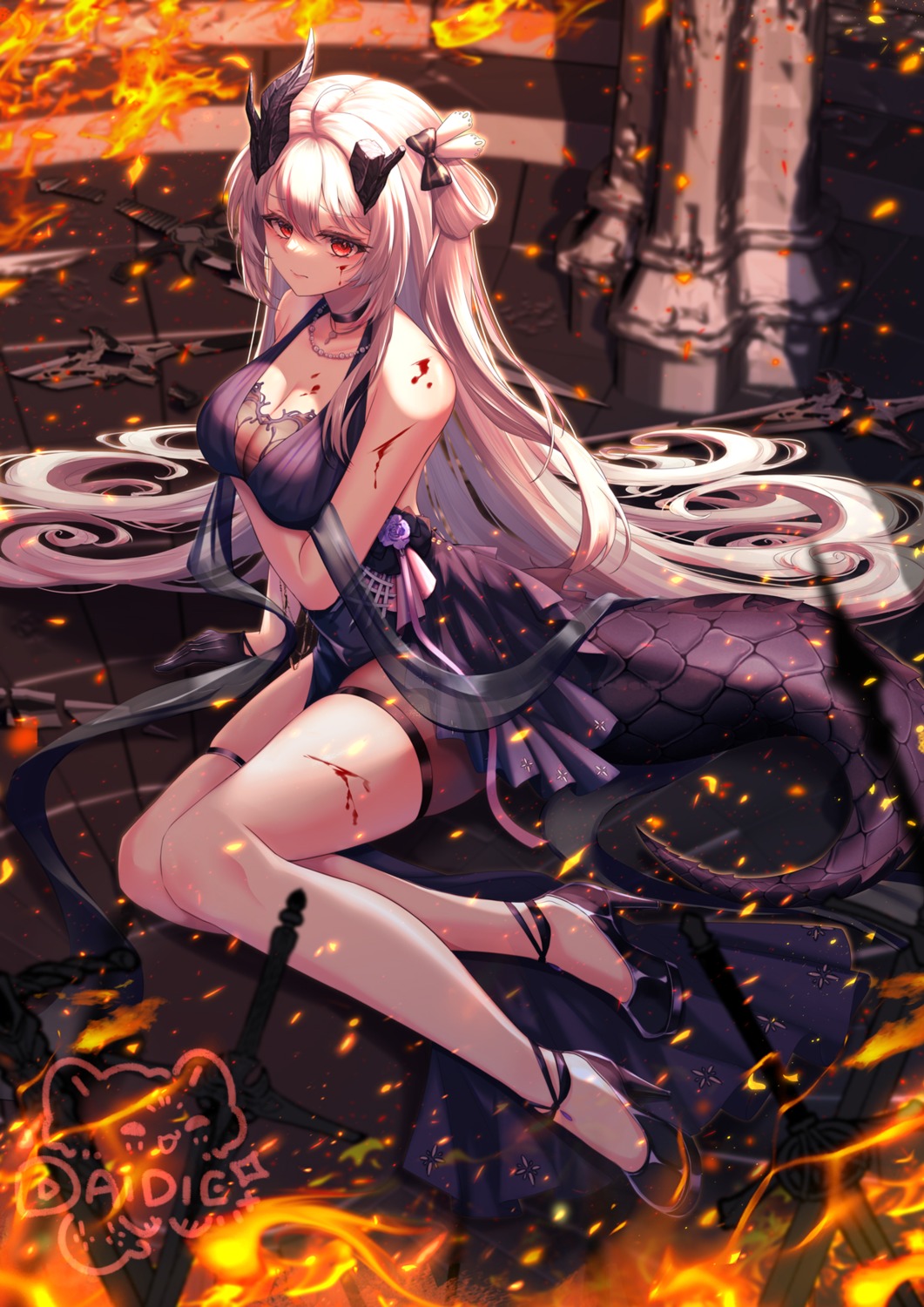 blood breast_hold dai_die dress garter heels horns see_through skirt_lift sword tail