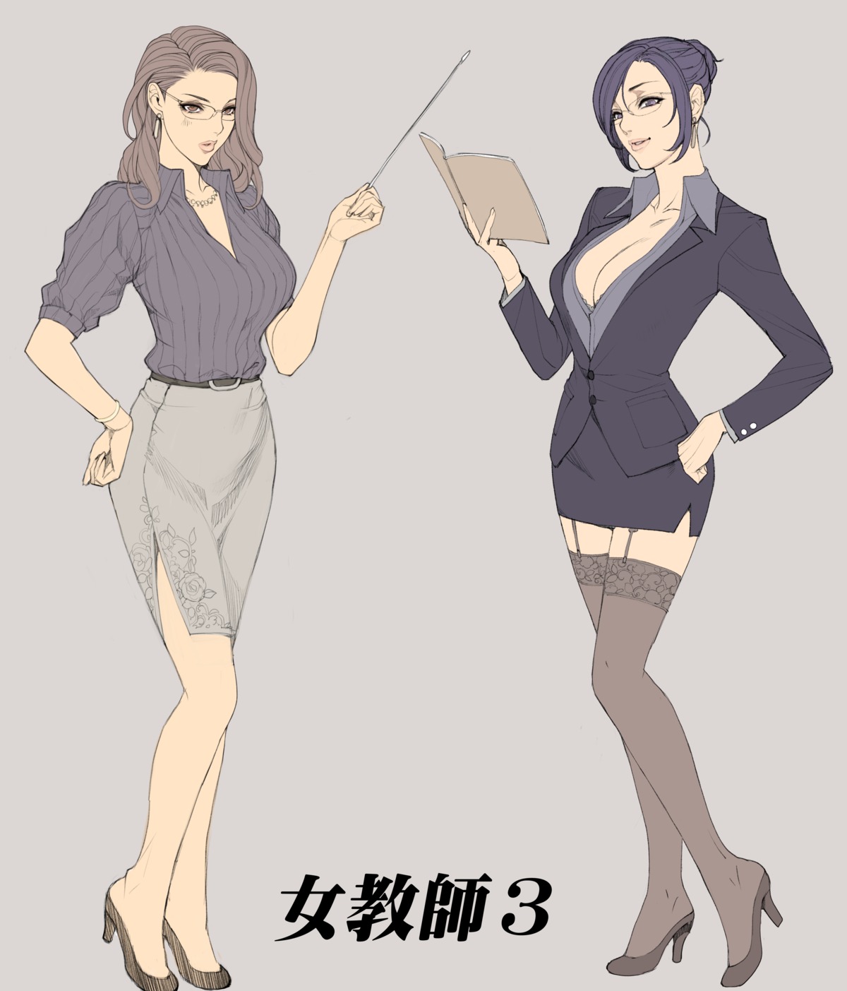 business_suit cleavage heels megane no_bra oda_non open_shirt stockings thighhighs