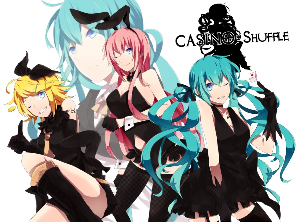 animal_ears bunny_ears bunny_girl cleavage dress hatsune_miku kagamine_rin megurine_luka stockings tattoo thighhighs vocaloid