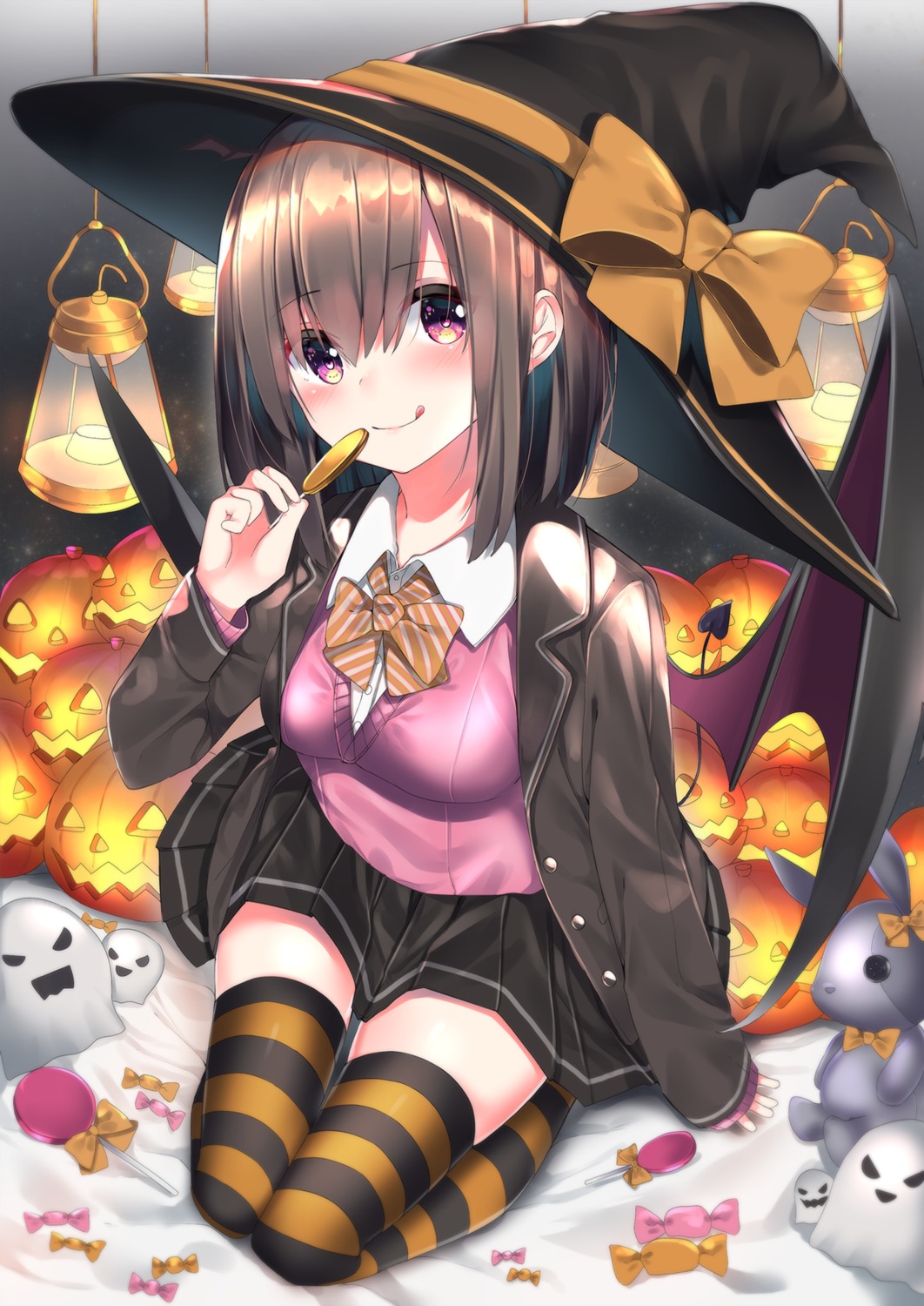 halloween neku_(neku_draw) seifuku sweater thighhighs wings witch