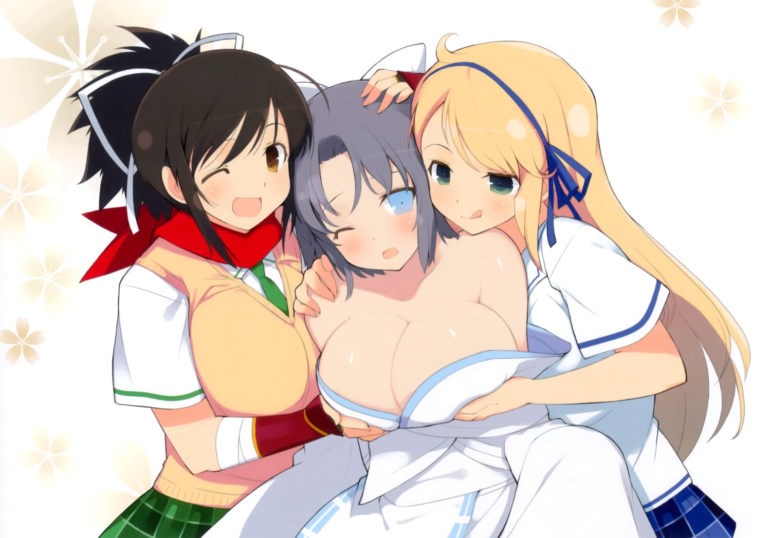 asuka_(senran_kagura) breast_hold cleavage katsuragi no_bra open_shirt seifuku senran_kagura yaegashi_nan yukata yumi_(senran_kagura) yuri