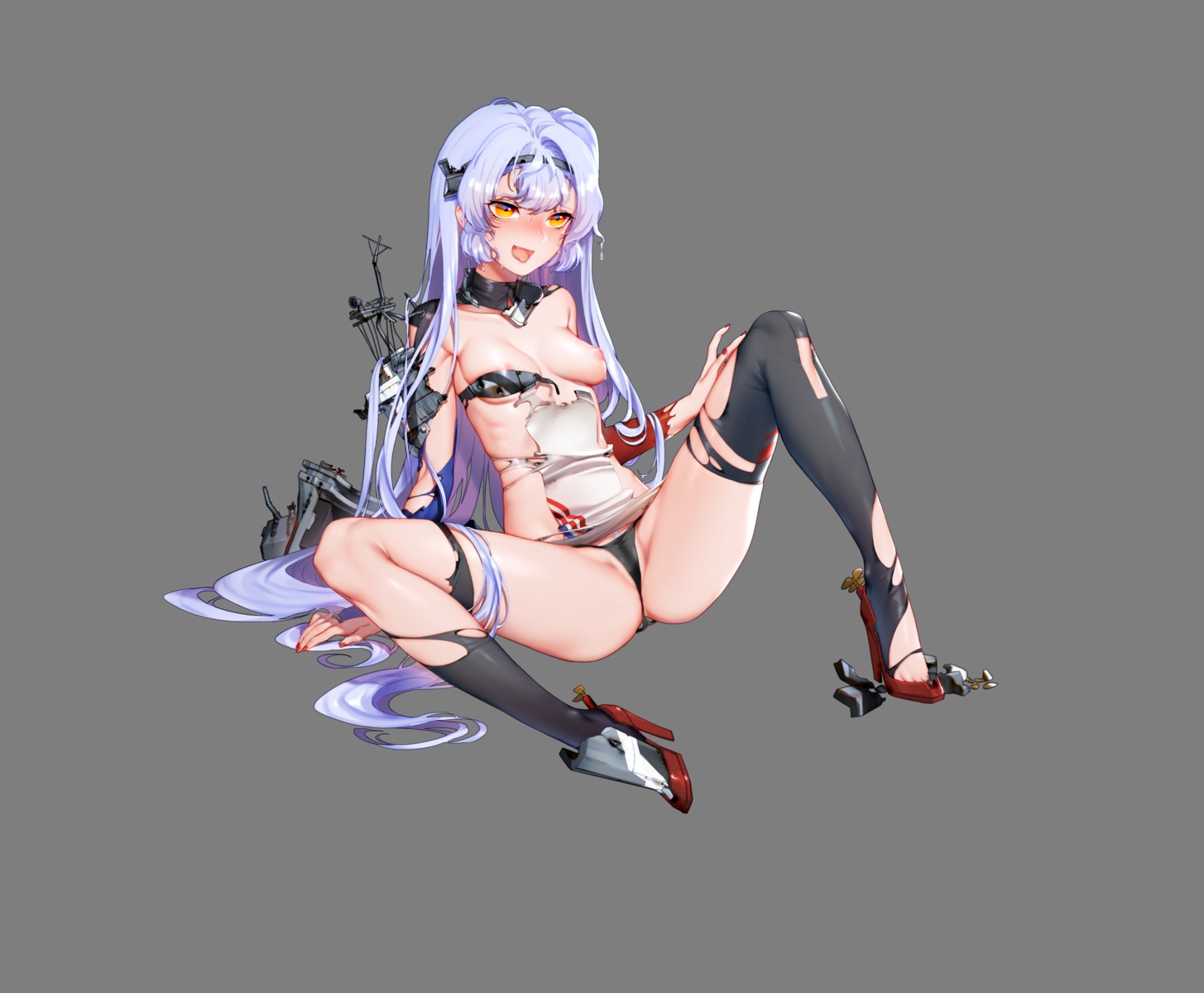 battleship_girl breasts cameltoe heels nipples no_bra pantsu pubic_hair quuni thighhighs thong torn_clothes transparent_png uss_bunker_hill_(cv-17)