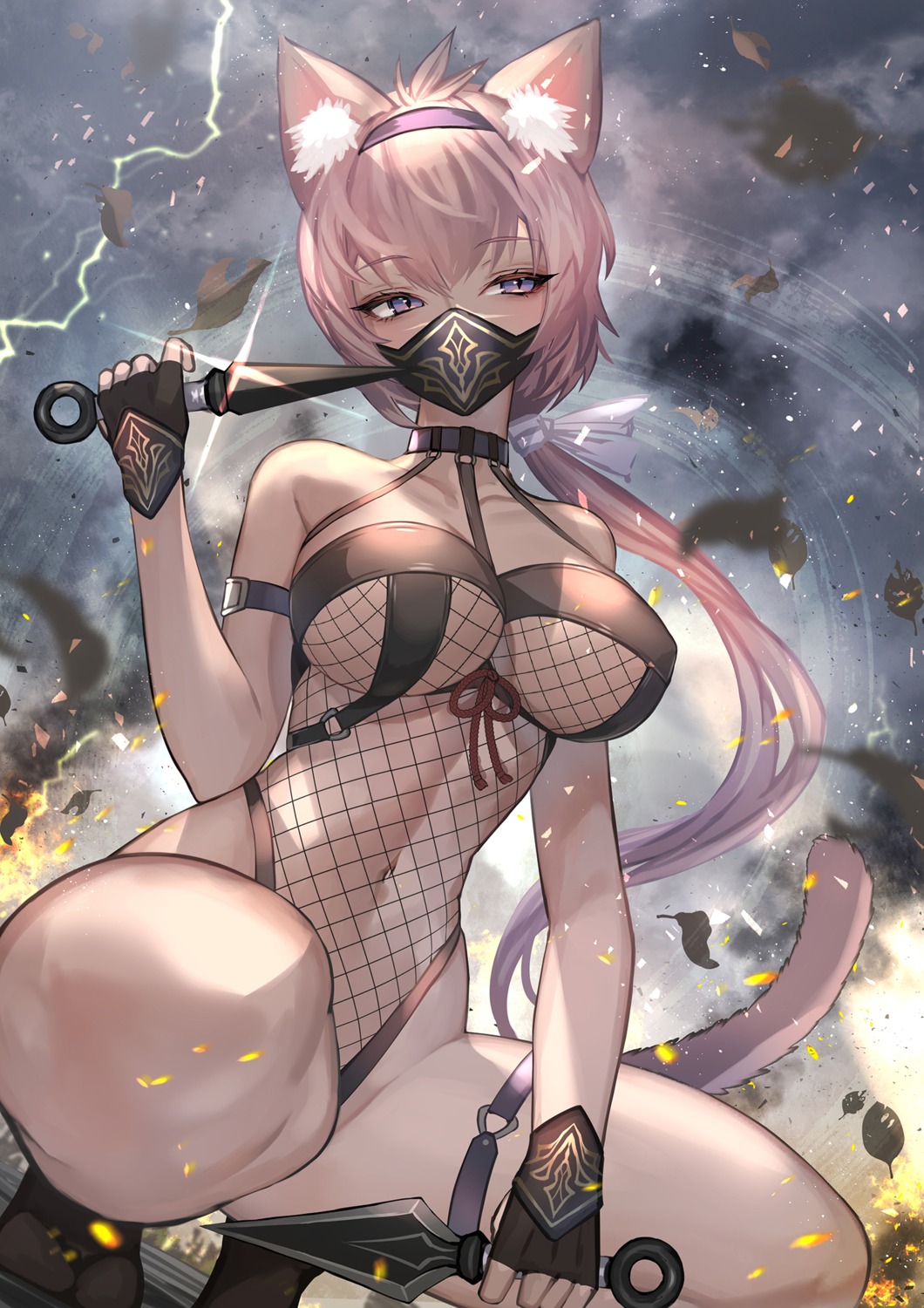 animal_ears fishnets garter hitowa leotard nekomimi tail weapon