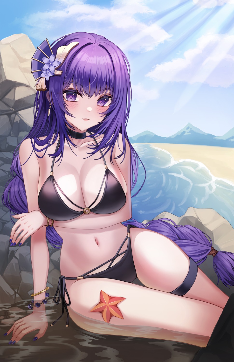 artist_revision bikini breast_hold garter genshin_impact raiden_shogun seemu_(wnslqjdignv_) swimsuits wet