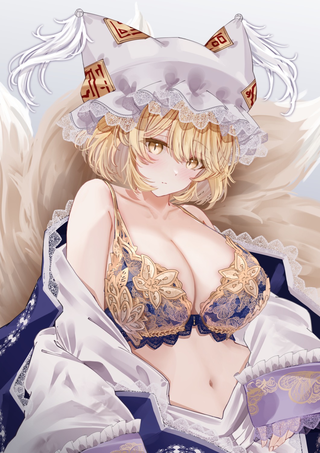 animal_ears bra kitsune open_shirt sarasadou_dan tail touhou yakumo_ran