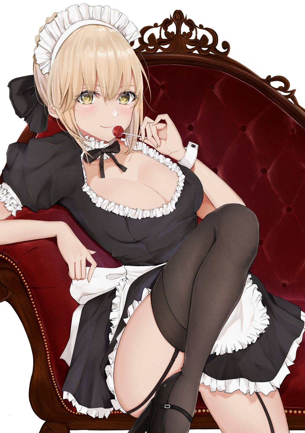 cleavage fate/grand_order heels maid saber saber_alter skirt_lift stockings thighhighs uiri-na