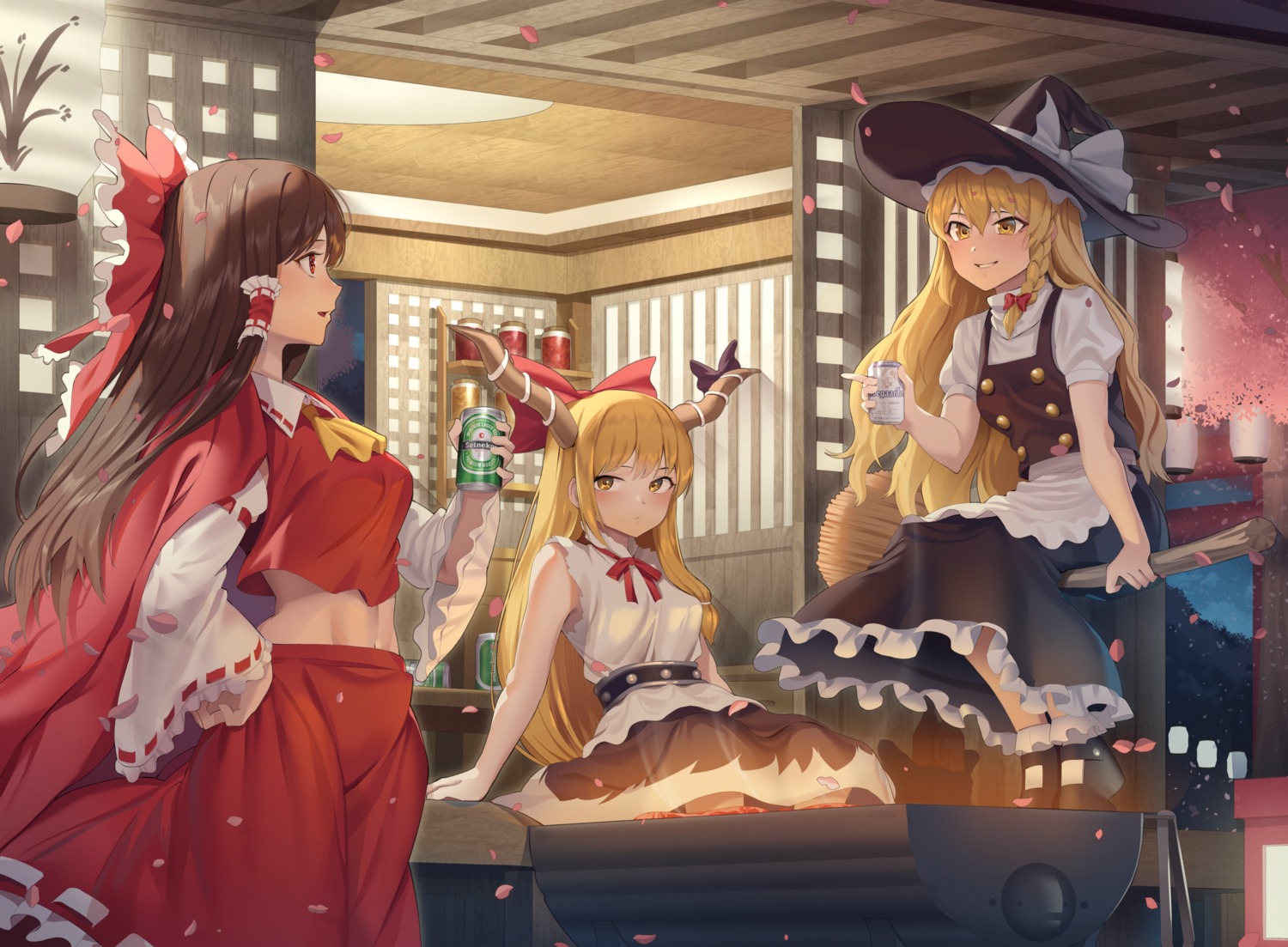 goback hakurei_reimu horns ibuki_suika kirisame_marisa miko touhou witch