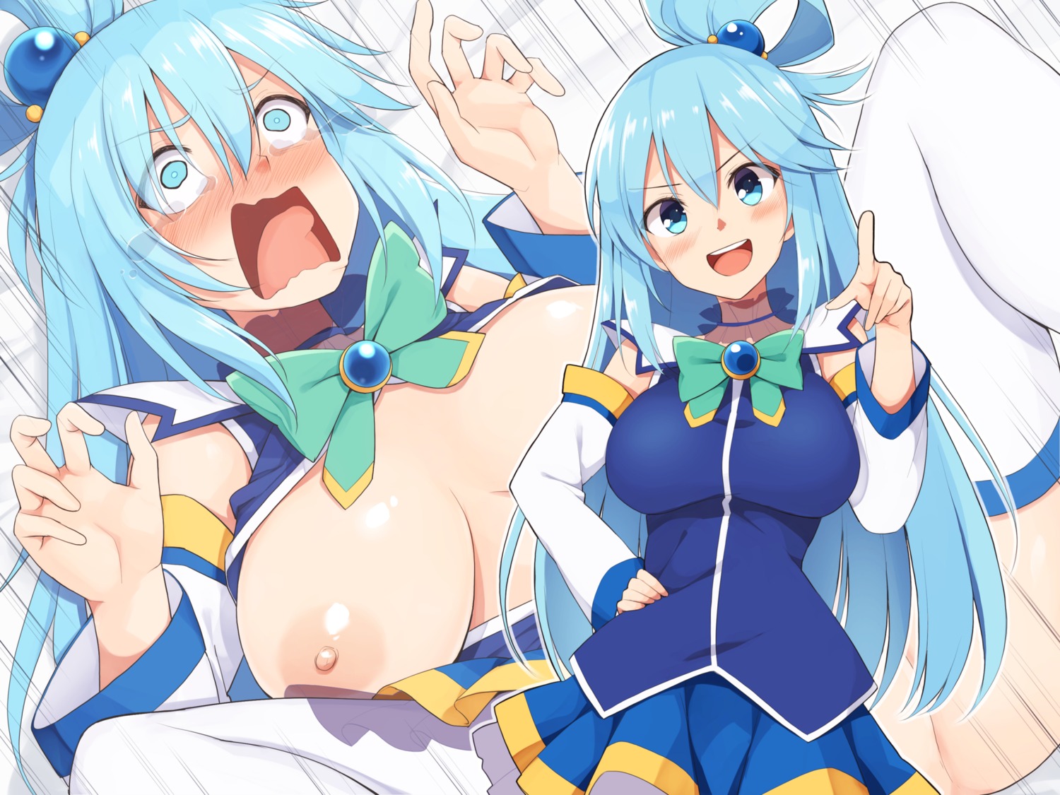 aqua_(konosuba) breasts kono_subarashii_sekai_ni_shukufuku_wo! kurikara nipples no_bra nopan open_shirt see_through skirt_lift thighhighs