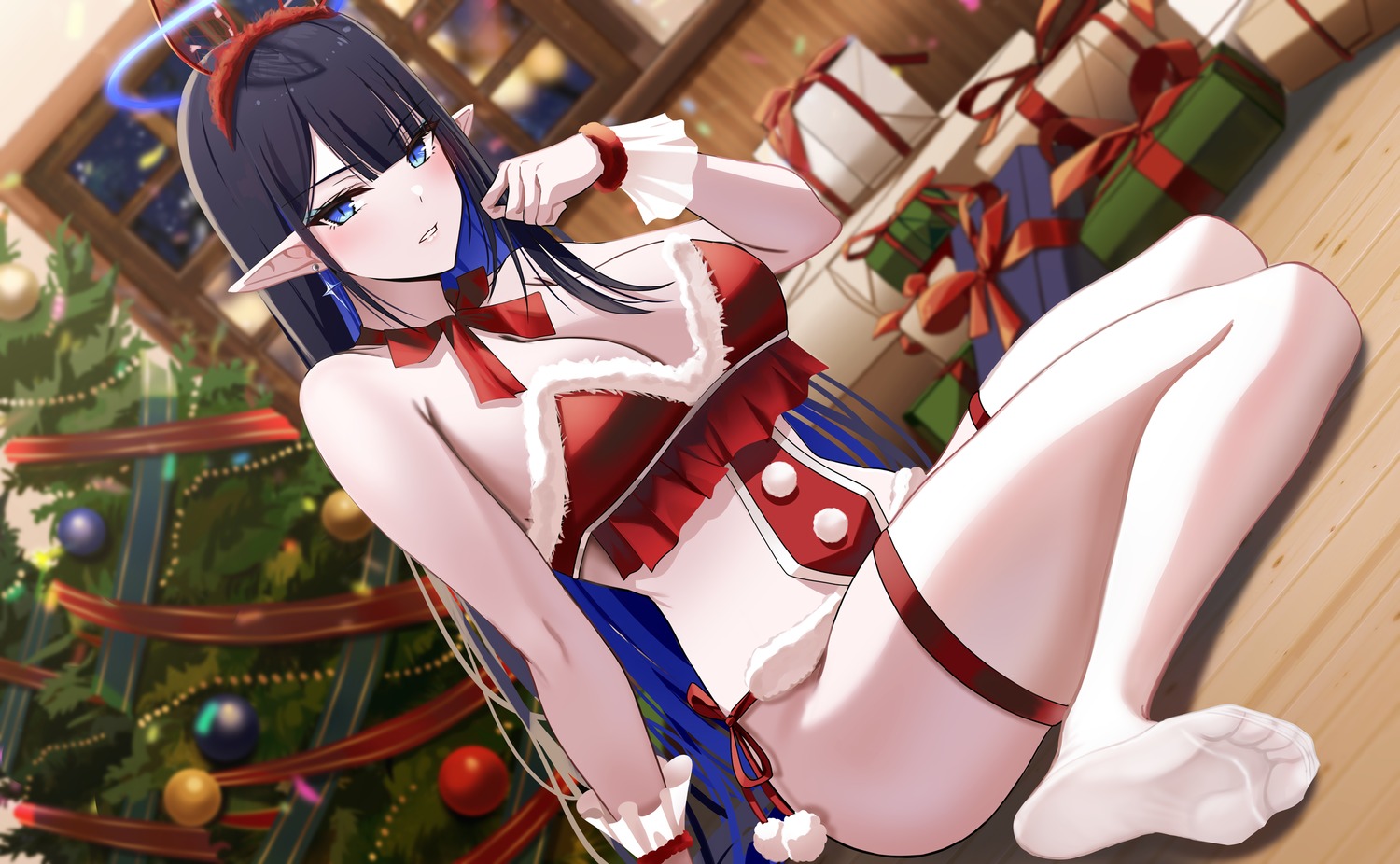 blue_archive christmas halo nanagami_rin nick_(nikek96) no_bra pantsu pointy_ears string_panties thighhighs