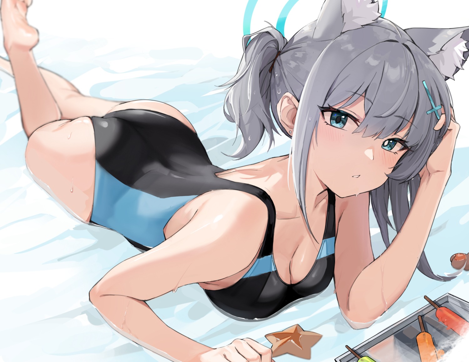 animal_ears artist_revision ass blue_archive cleavage halo mr.zhuo nekomimi sunaookami_shiroko swimsuits wet