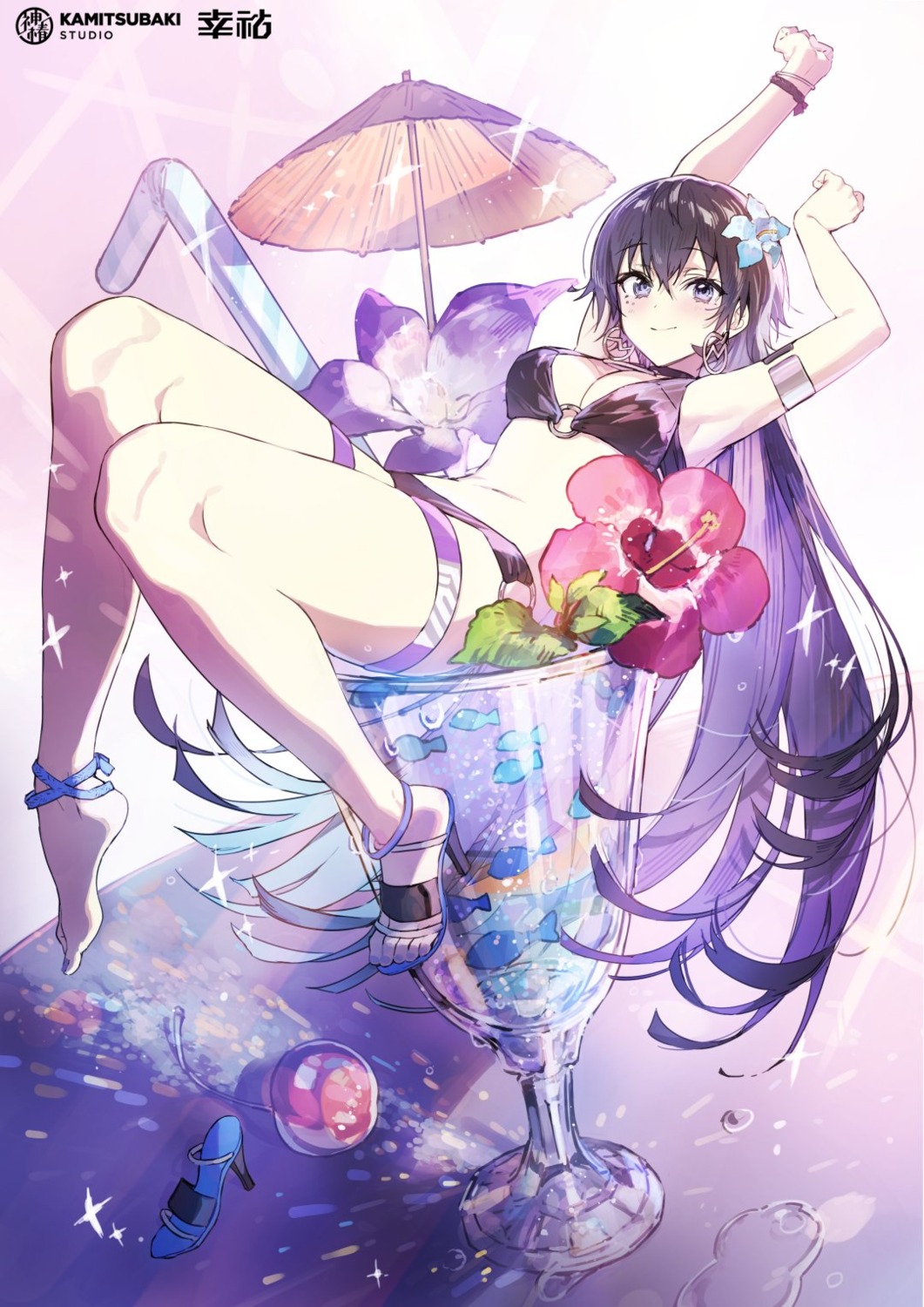 bikini cleavage feet garter swimsuits umbrella wata_(attaka_taoru)