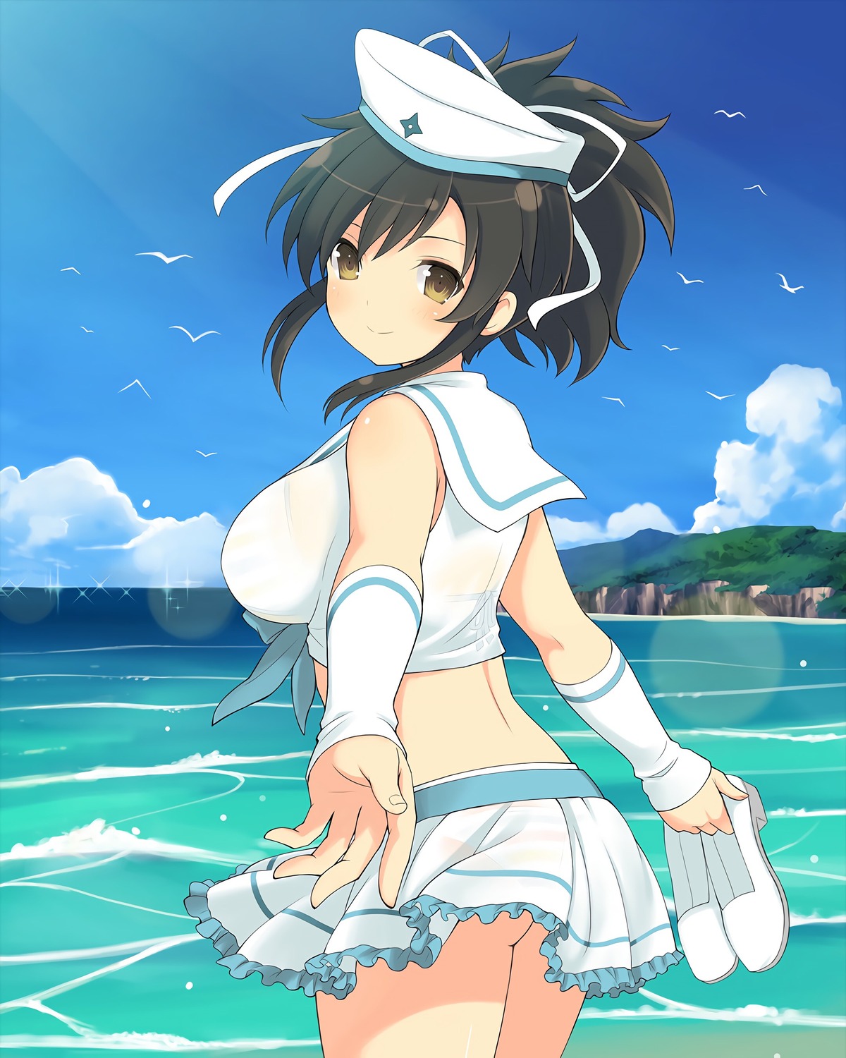 ass asuka_(senran_kagura) bra pantsu see_through seifuku senran_kagura shimapan skirt_lift wet_clothes yaegashi_nan