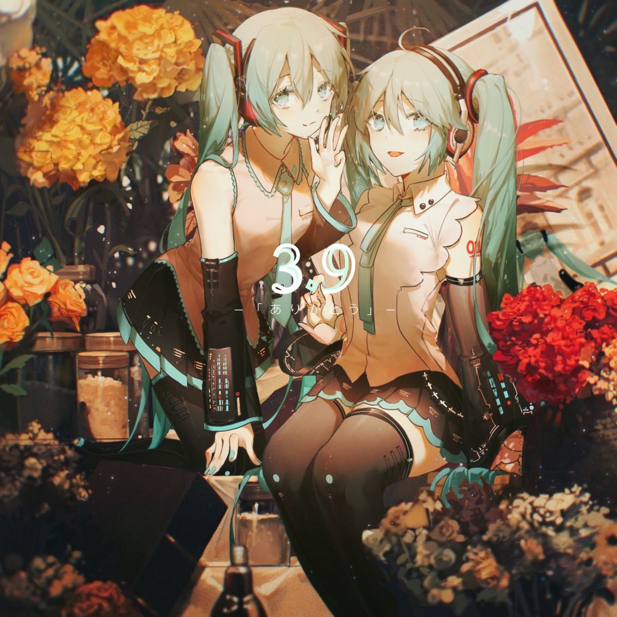 hatsune_miku headphones konya_karasue tattoo thighhighs vocaloid