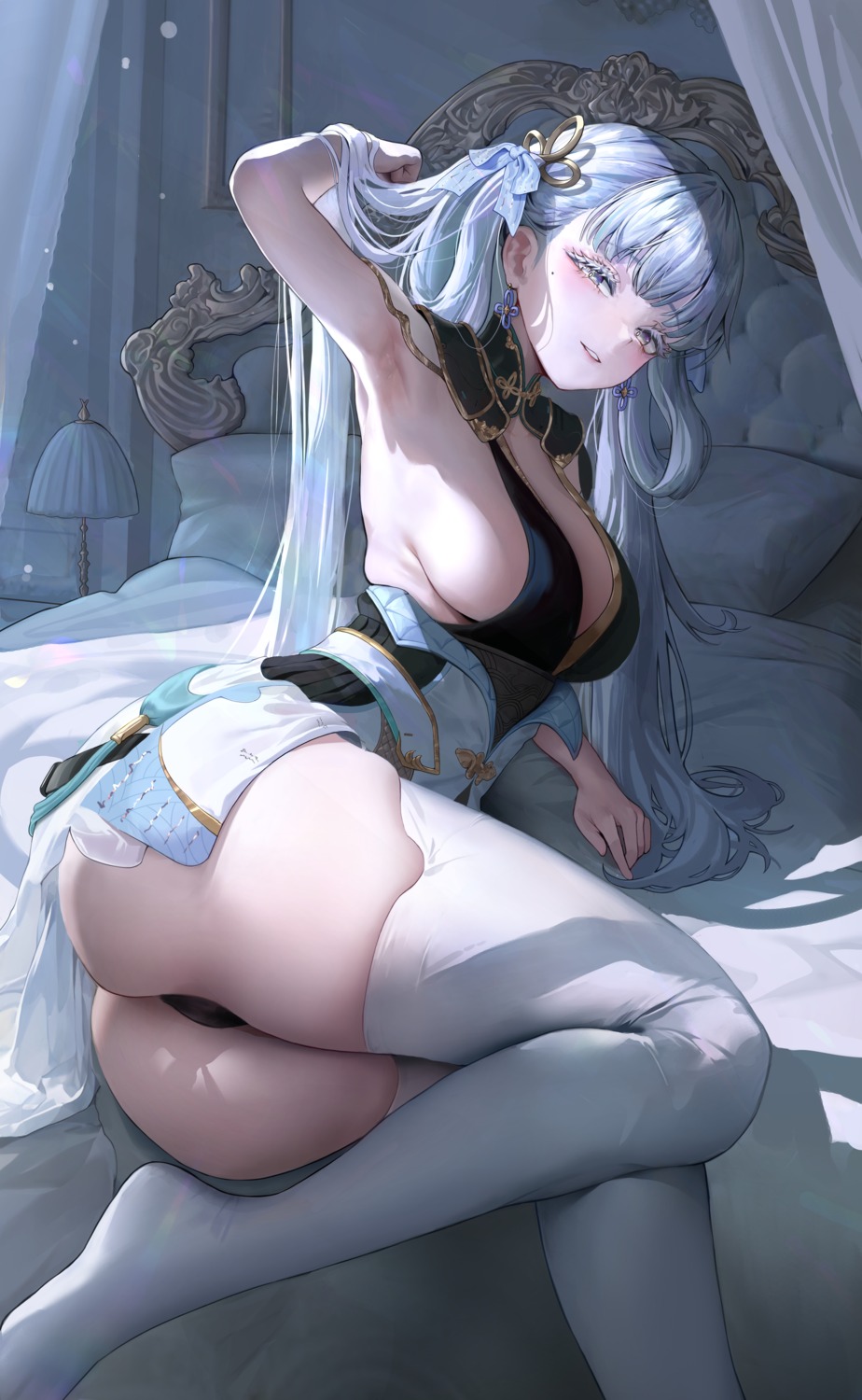 asian_clothes chrysa_(_sa0ru) jinhsi no_bra pantsu skirt_lift thighhighs wuthering_waves