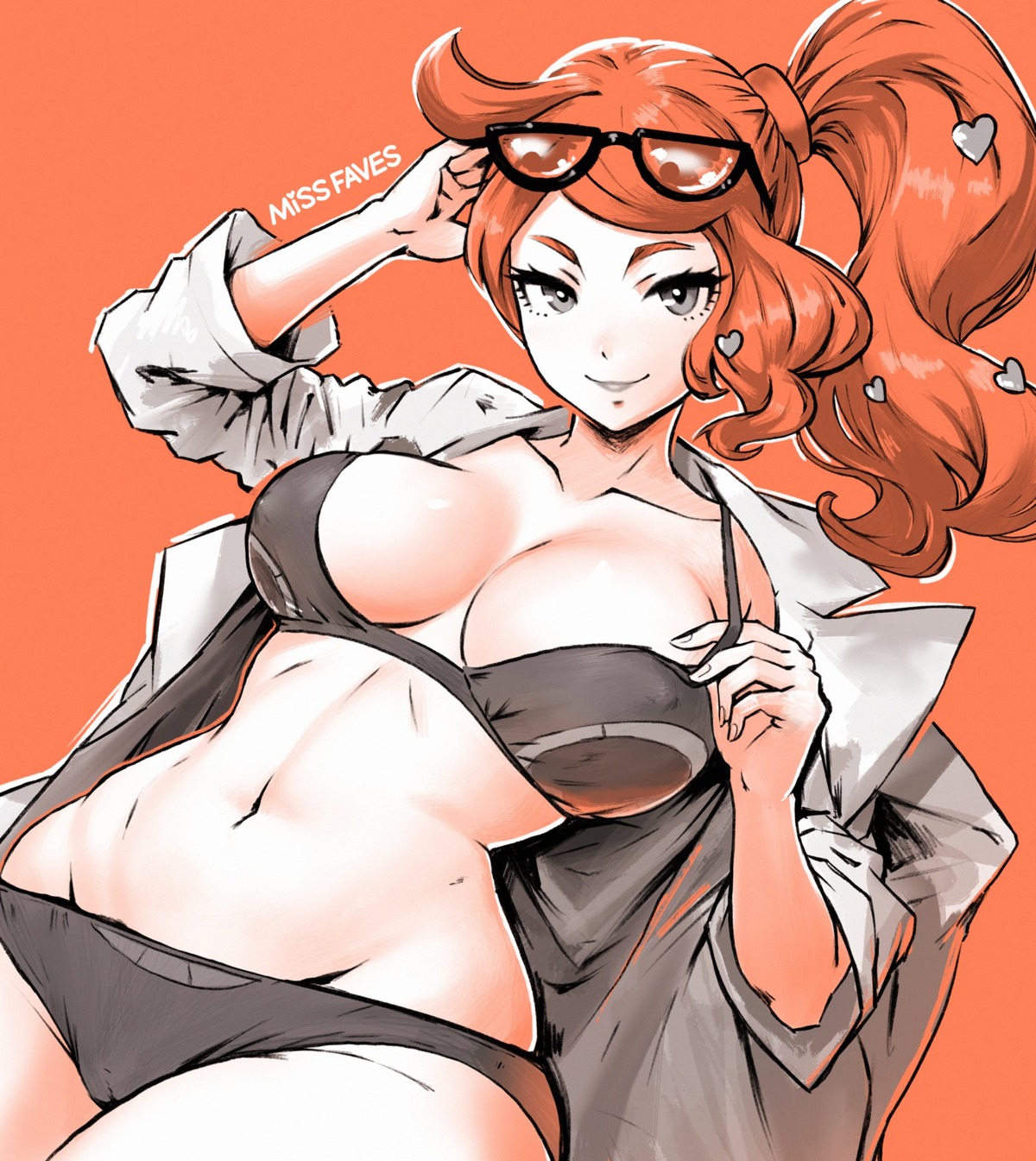 bra erect_nipples megane miss_faves open_shirt pantsu pokemon pokemon_swsh sonia_(pokemon)