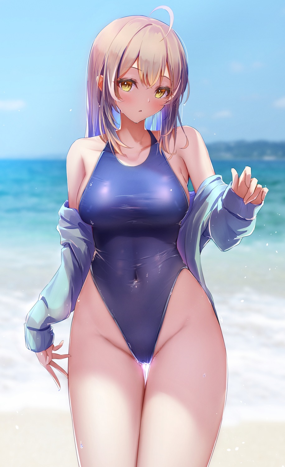 hololive hololive_english kon_(07263545) nanashi_mumei open_shirt swimsuits