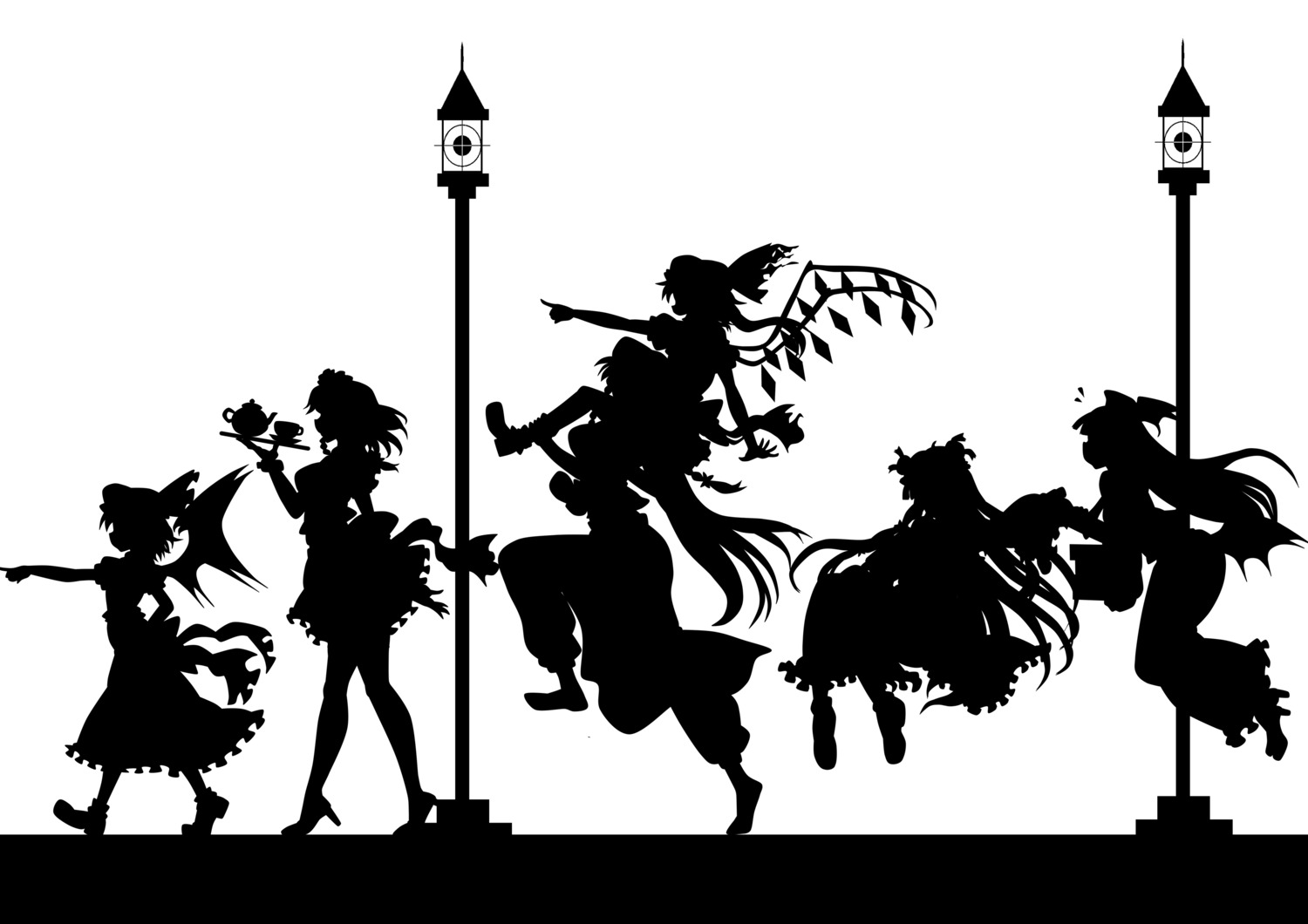 flandre_scarlet hong_meiling izayoi_sakuya kitazinger koakuma monochrome patchouli_knowledge remilia_scarlet silhouette touhou