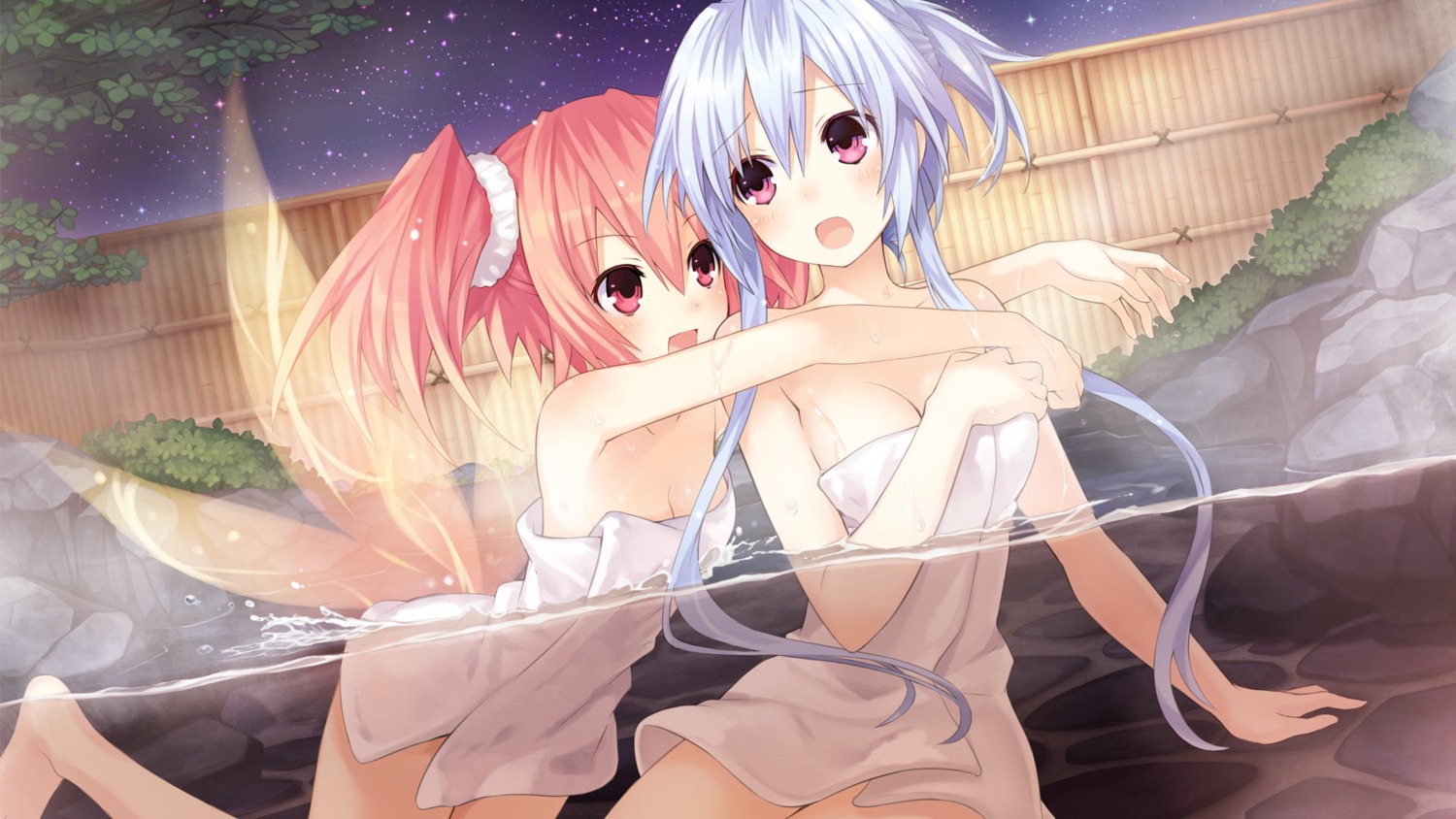 alyn_(fairy_fencer_f) breast_hold cleavage fairy_fencer_f game_cg onsen tiara_(fairy_fencer_f) towel tsunako wet wings