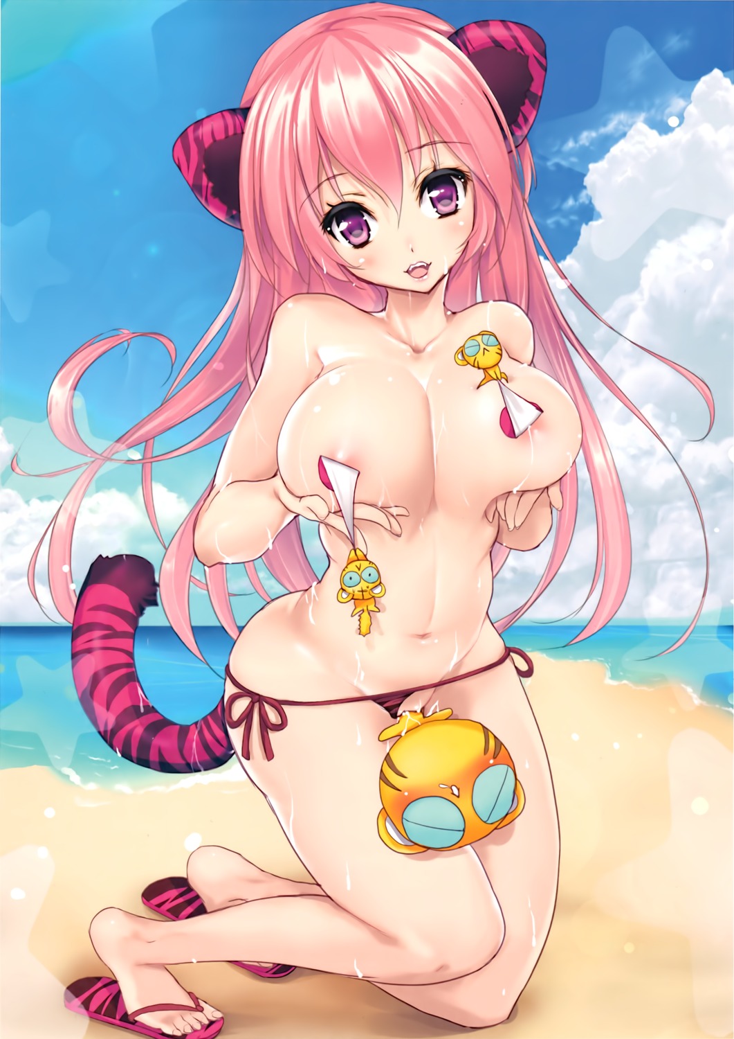 animal_ears areola breast_hold pasties swimsuits tail topless toranoana undressing wet yoshiwo