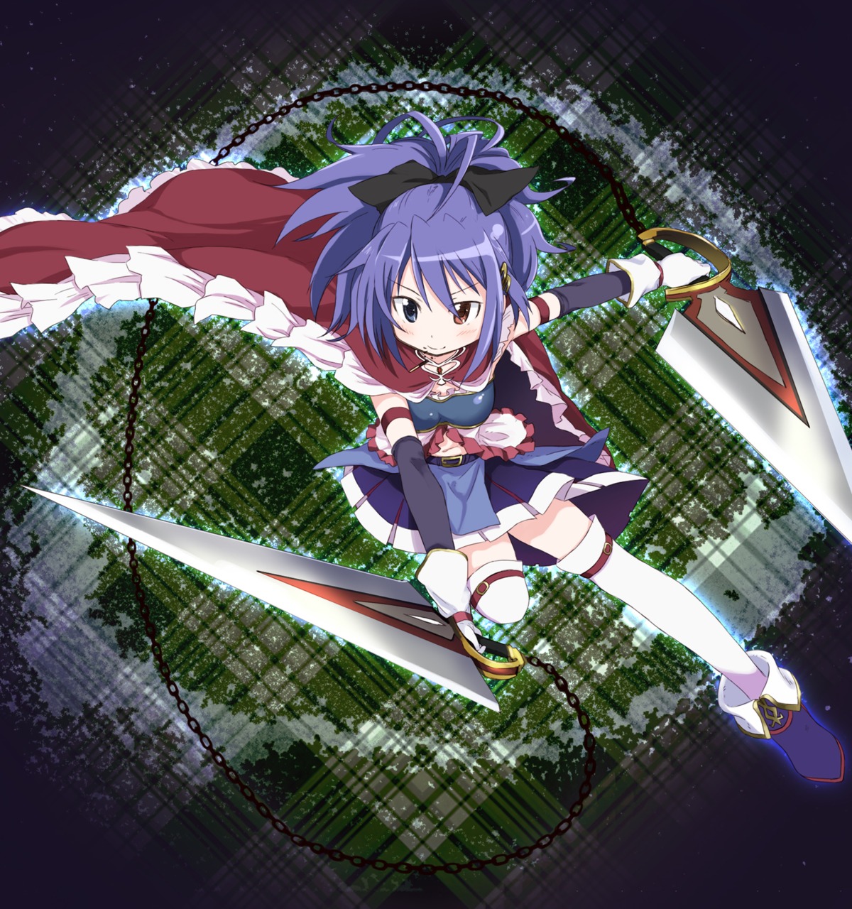 abe_kanari heterochromia miki_sayaka puella_magi_madoka_magica sakura_kyouko sword thighhighs