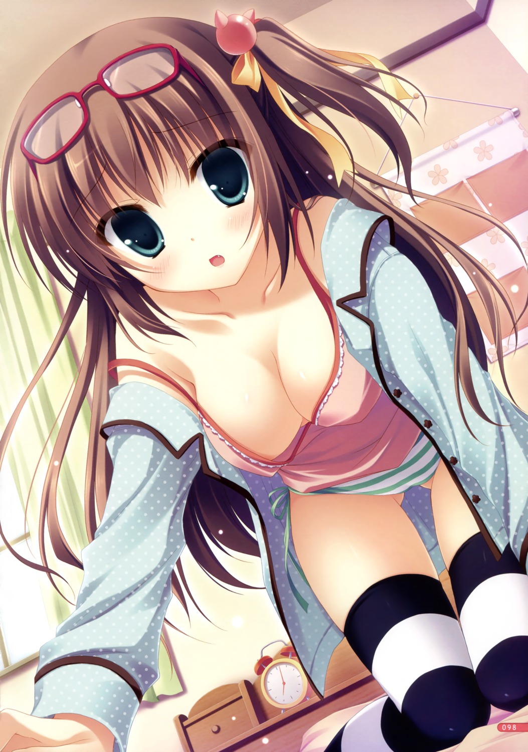 cleavage lingerie megane no_bra open_shirt pajama pantsu shimapan string_panties thighhighs yukie