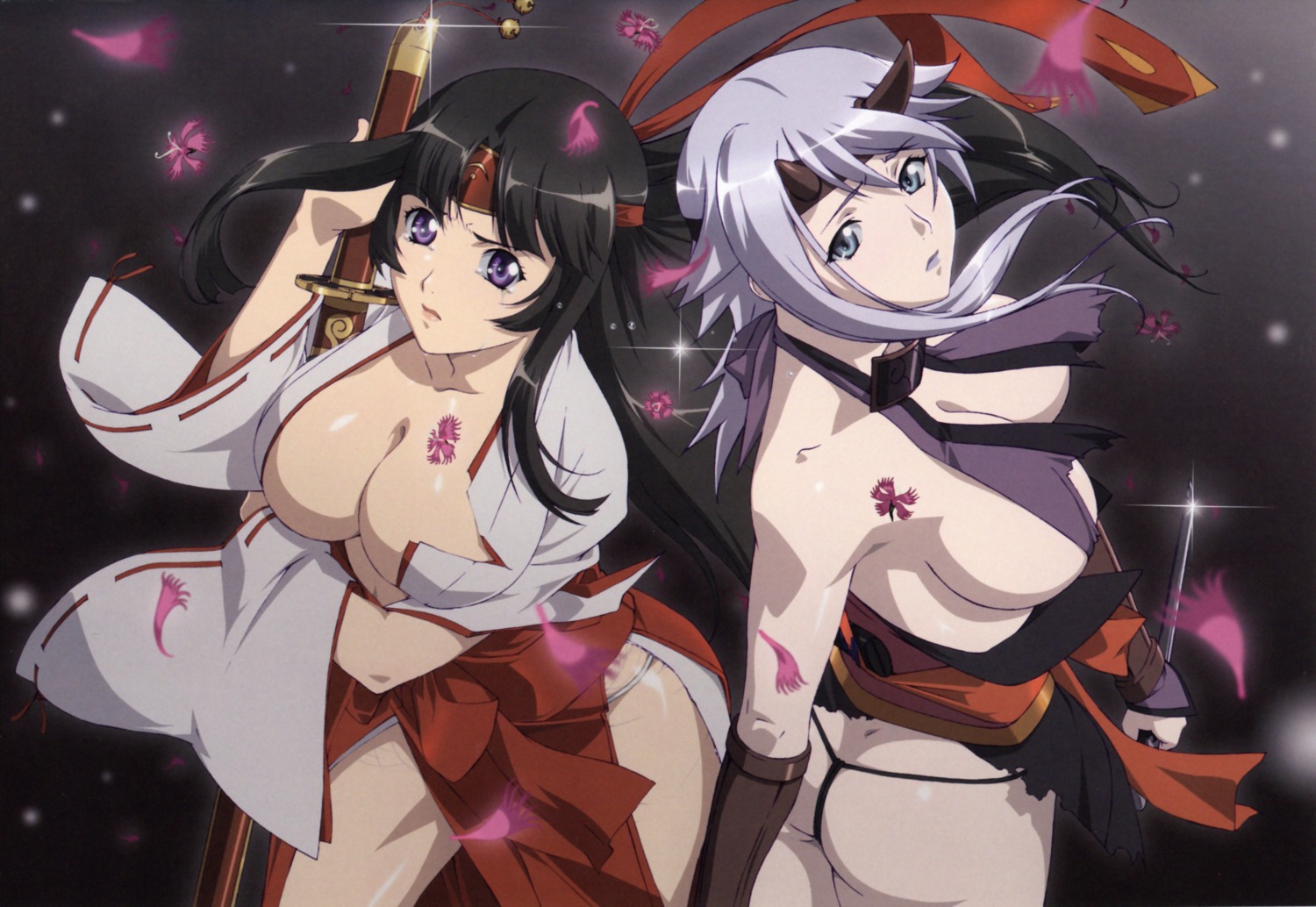 cleavage fundoshi horns miko miyazawa_tsutomu ninja no_bra open_shirt queen's_blade shizuka sword tomoe torn_clothes