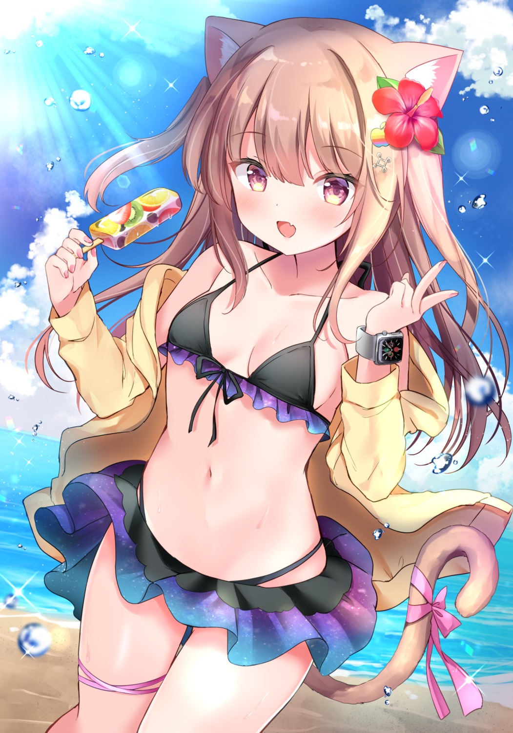 animal_ears bikini garter nekomimi open_shirt skirt_lift swimsuits tail yuimisu