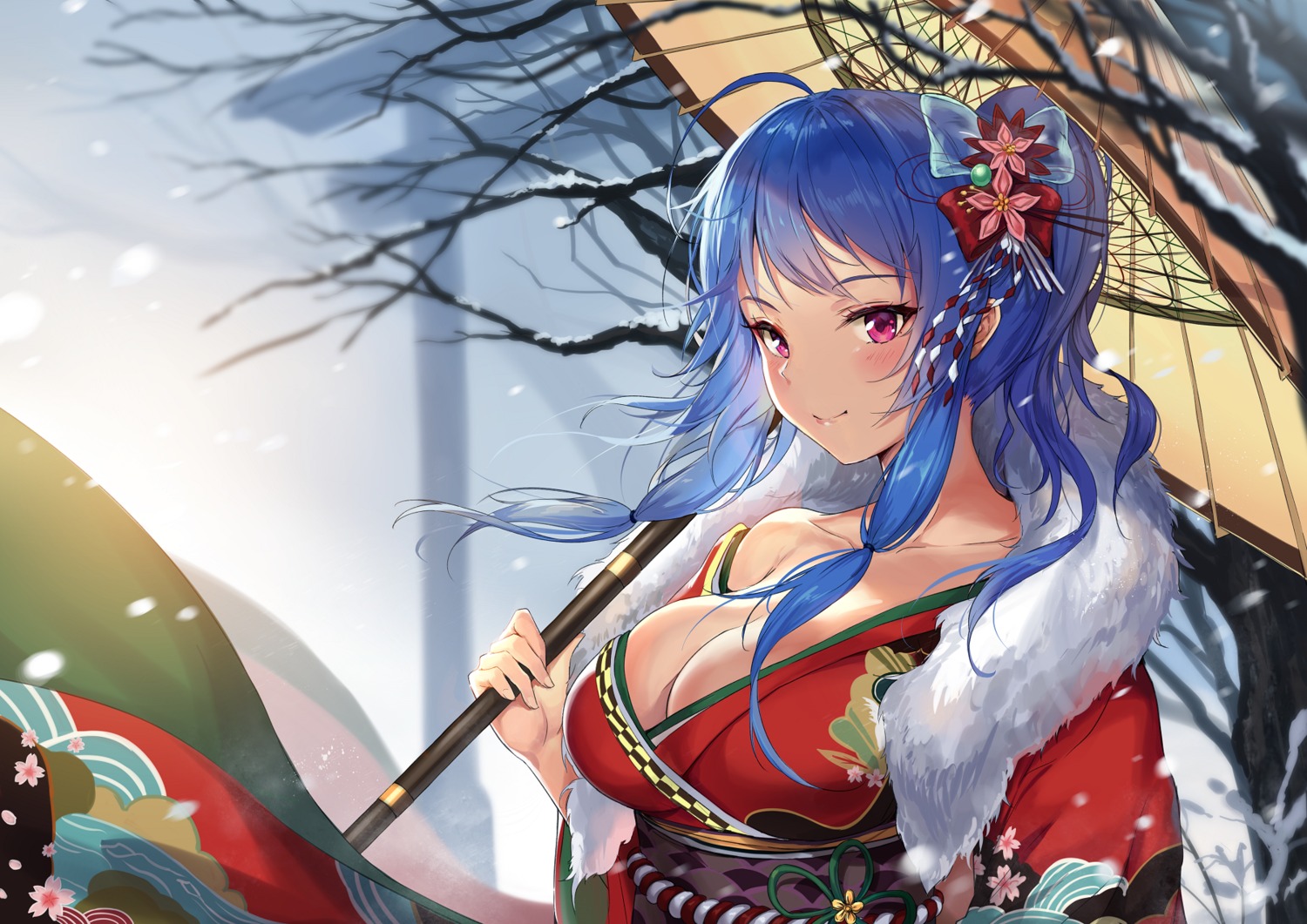 azur_lane cleavage kimono open_shirt pdxen st._louis_(azur_lane) umbrella