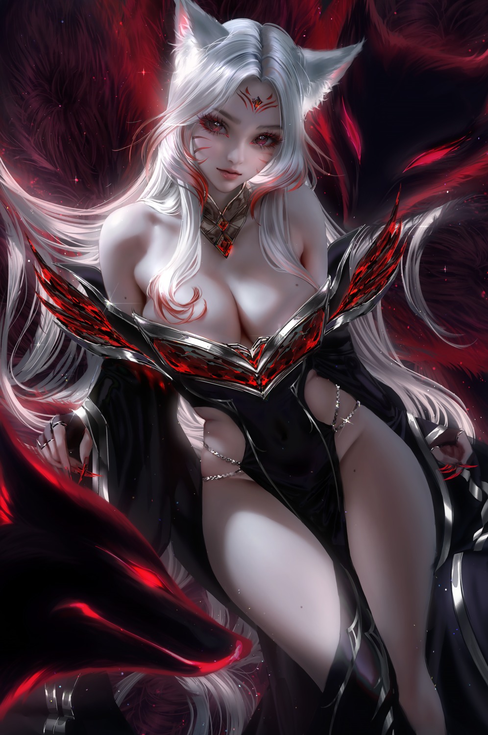 ahri animal_ears japanese_clothes kitsune league_of_legends nixeu no_bra nopan tail tattoo