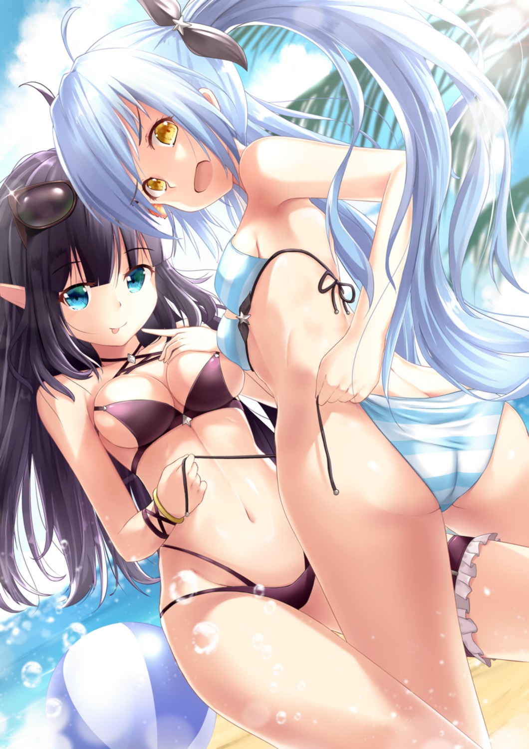 ass bikini breast_hold garter joko_jmc king's_raid megane mirianne_(king's_raid) panty_pull pointy_ears sonia_(king's_raid) swimsuits undressing yuri