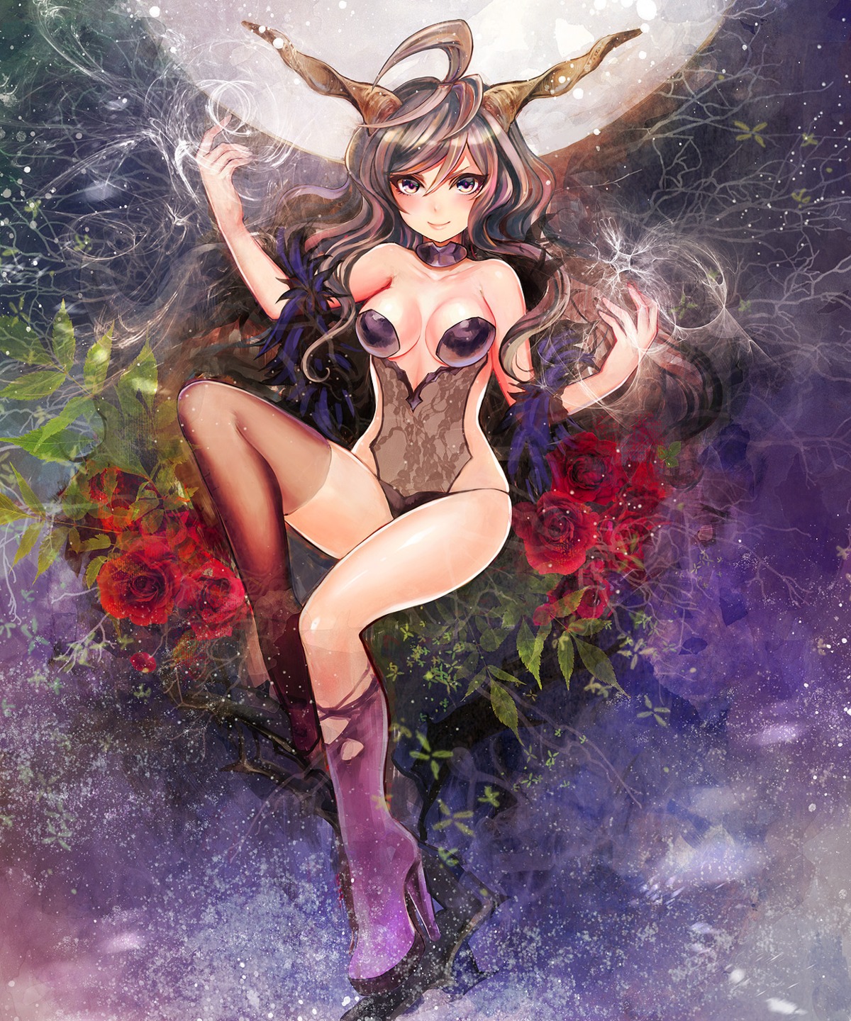 cleavage duca heels horns see_through shingoku_no_valhalla_gate thighhighs torn_clothes