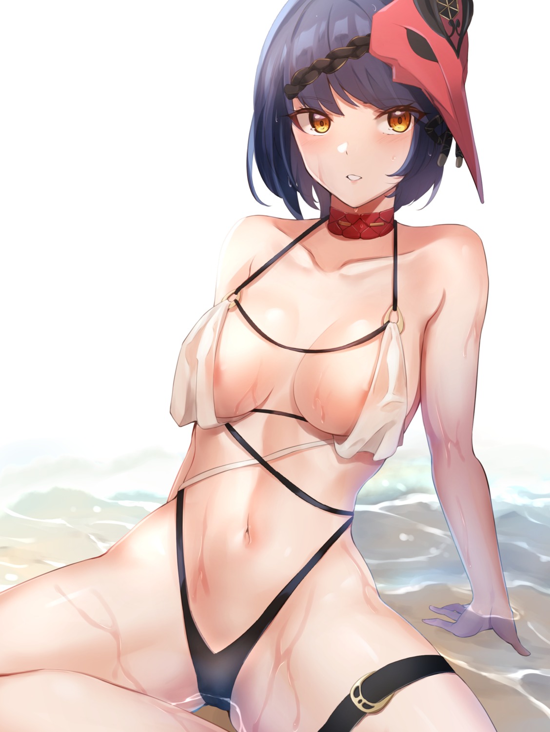 areola bikini garter genshin_impact haneramu kujou_sara see_through swimsuits wet