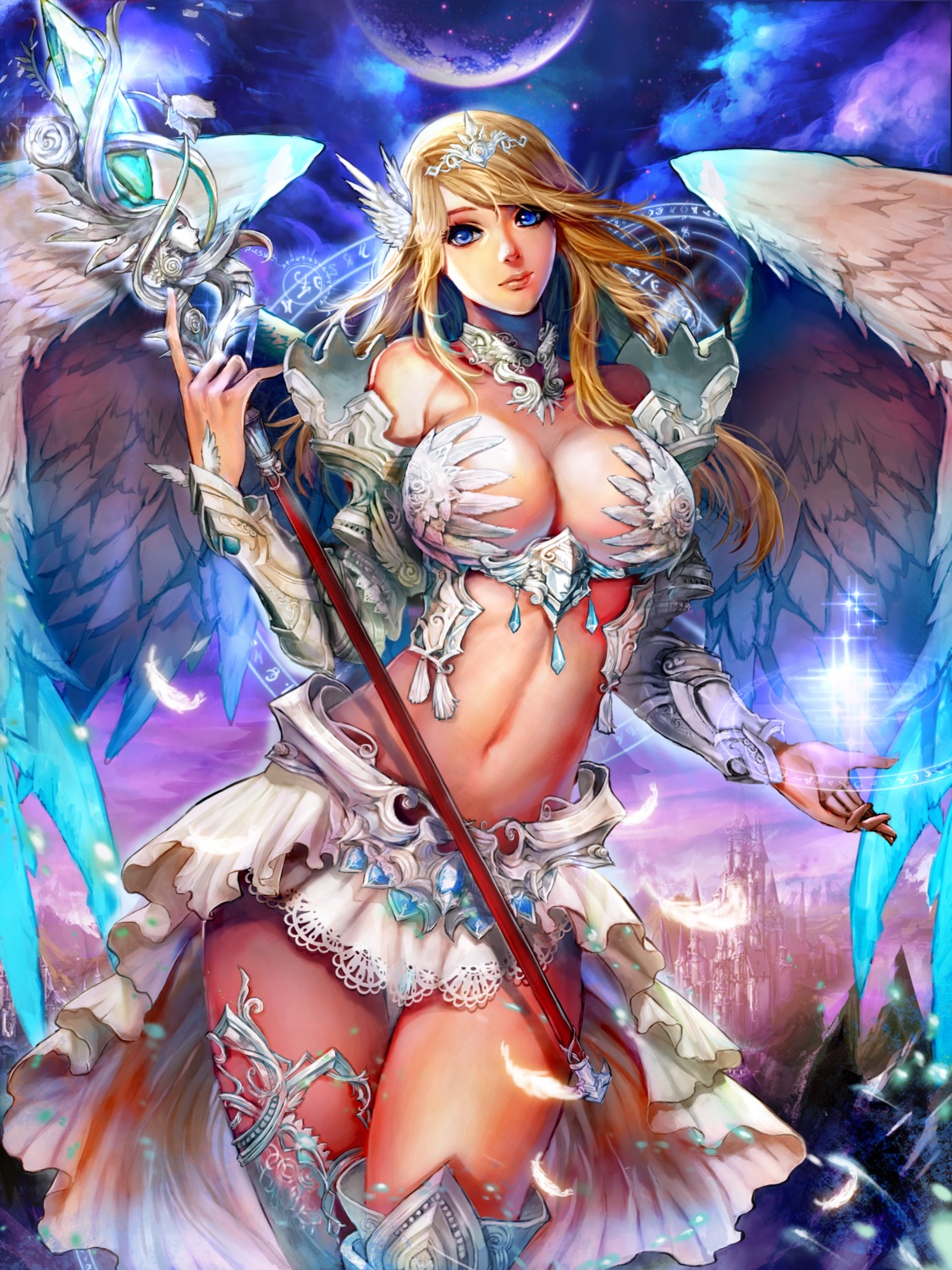 armor cleavage ken_(artist) no_bra weapon wings