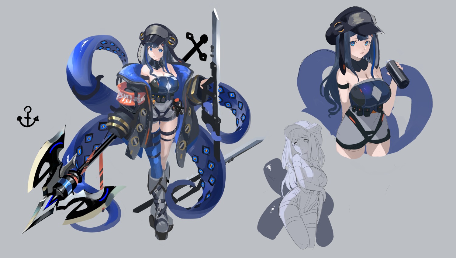 asagon007 cleavage garter no_bra sketch tentacles thighhighs weapon