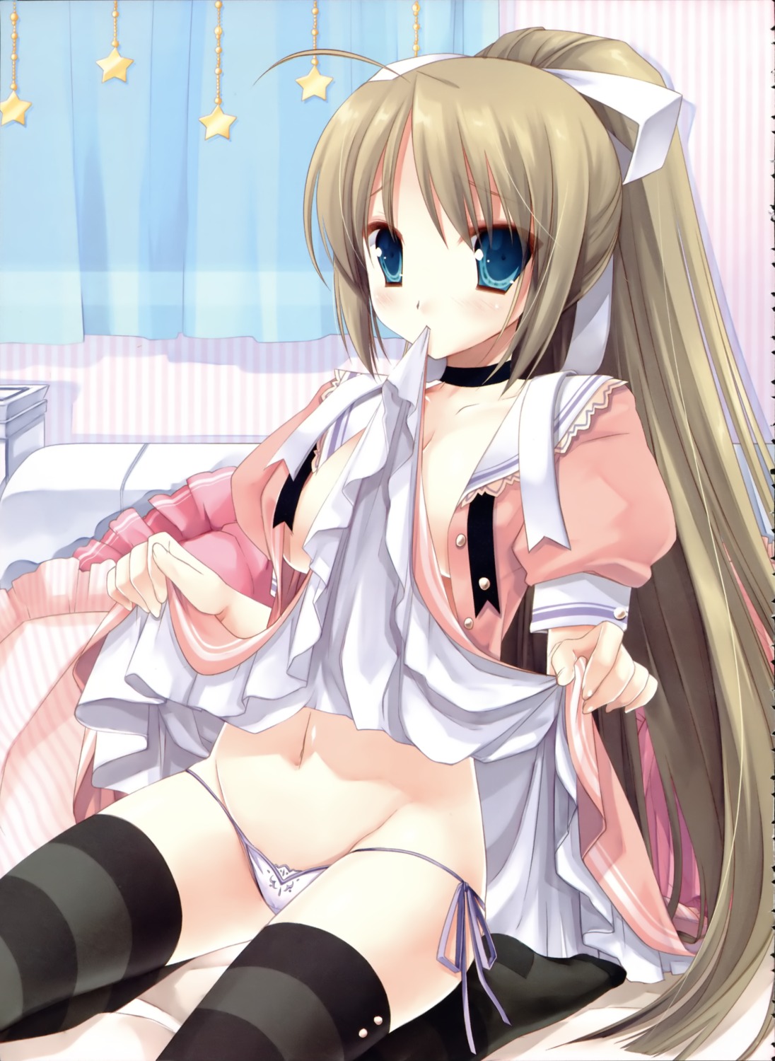 dress miyasu_risa no_bra open_shirt pantsu seifuku skirt_lift string_panties thighhighs