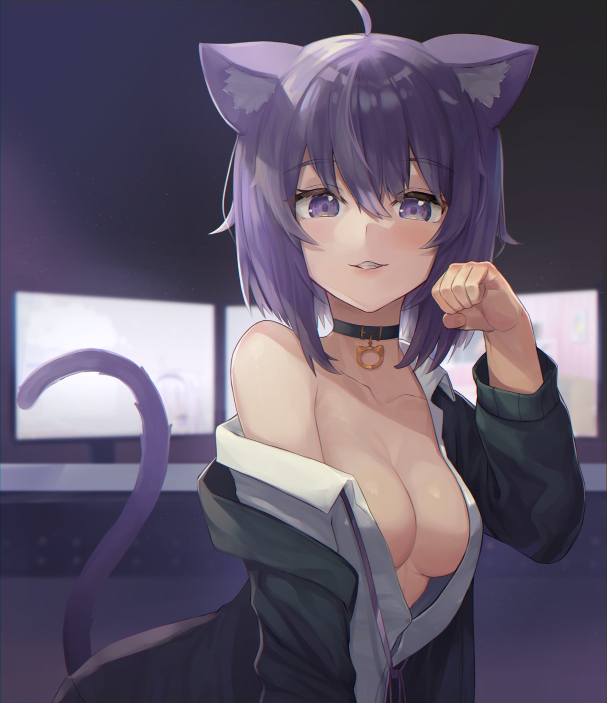 animal_ears dress_shirt hololive hololive_gamers nekomata_okayu nekomimi no_bra open_shirt tail woogi_(duguddnr)