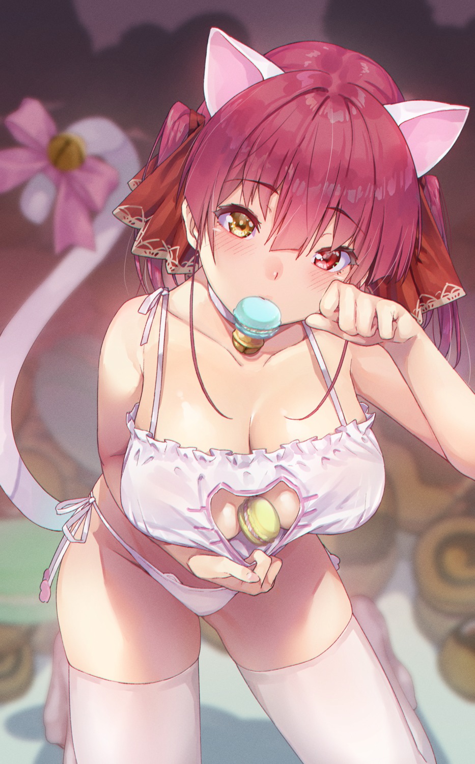 animal_ears bra heterochromia hololive houshou_marine koubou_(cowbow_kun) nekomimi pantsu string_panties tail thighhighs