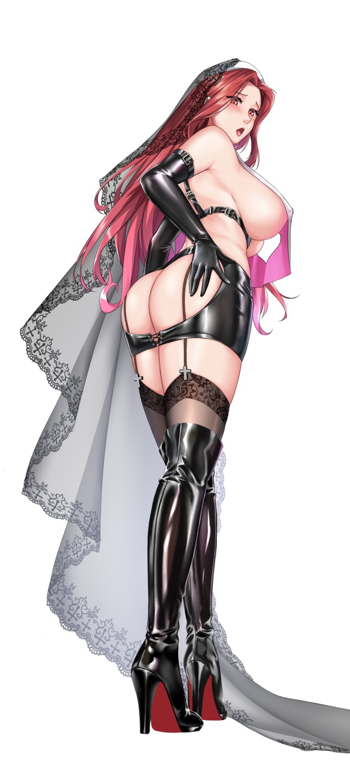 ass erect_nipples heels no_bra nopan nun pixiv13015589 stockings thighhighs