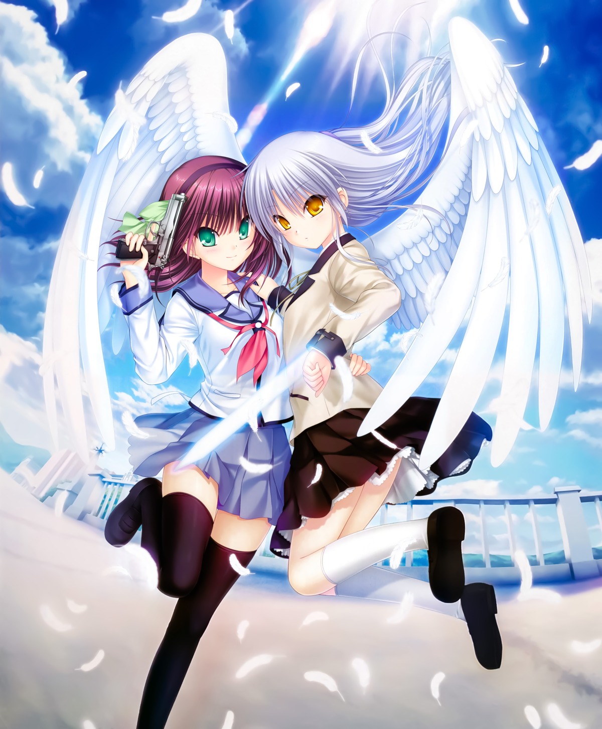 angel angel_beats! gun key na-ga nakamura_yuri seifuku skirt_lift tachibana_kanade thighhighs wings