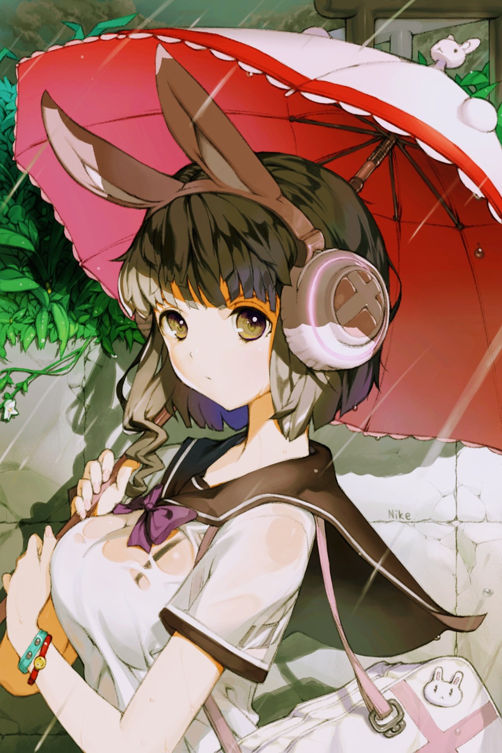 animal_ears bra bunny_ears headphones nike_(nike1060) see_through seifuku umbrella wet_clothes