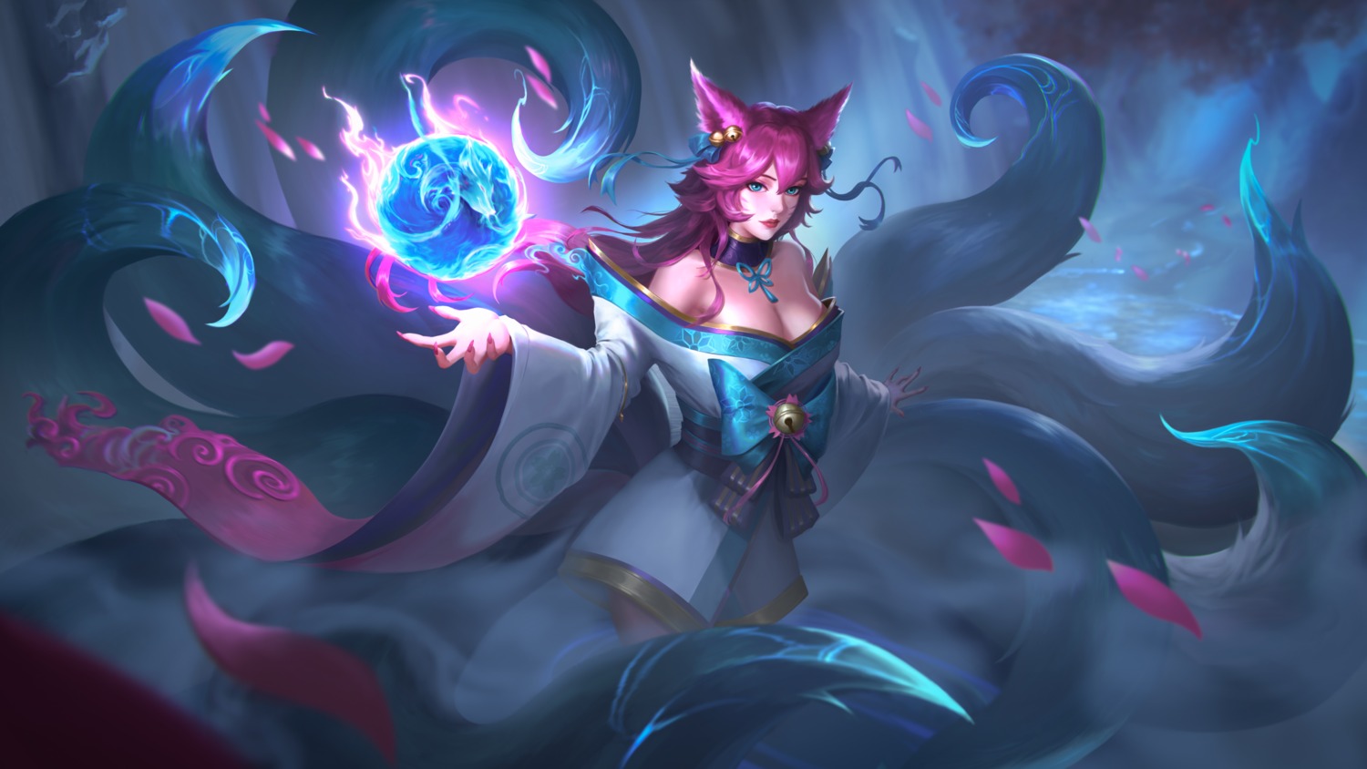 ahri animal_ears cola-alter japanese_clothes kitsune league_of_legends no_bra open_shirt tail