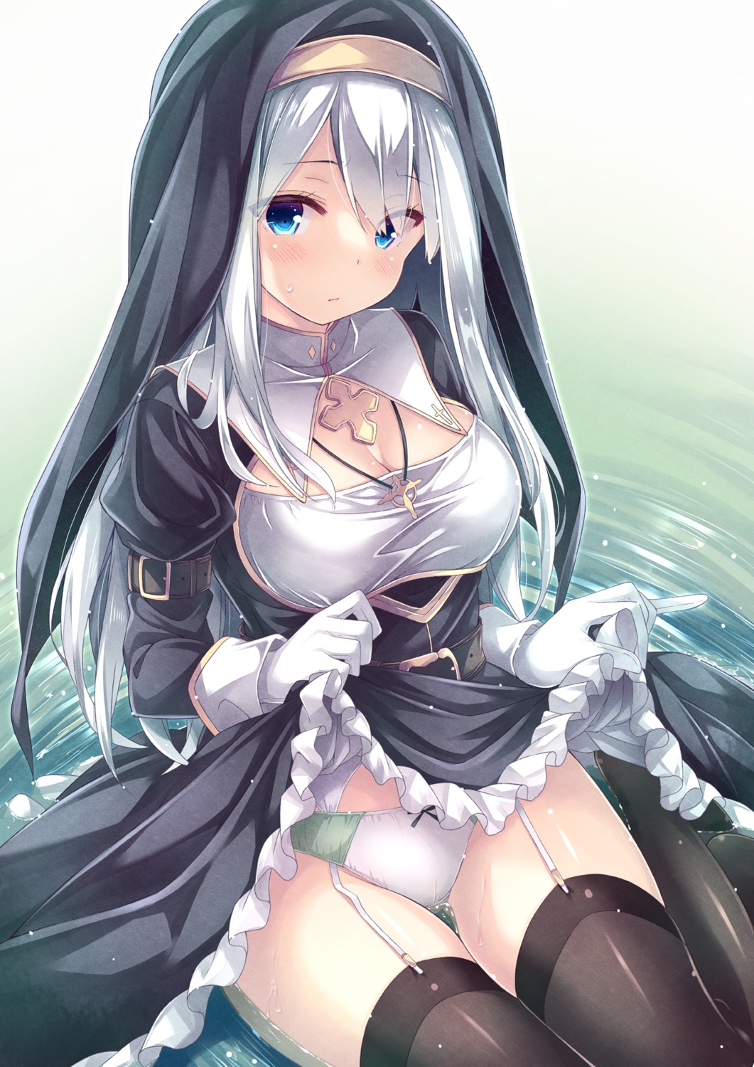 nun pantsu ryo_(botsugo) skirt_lift stockings thighhighs wet