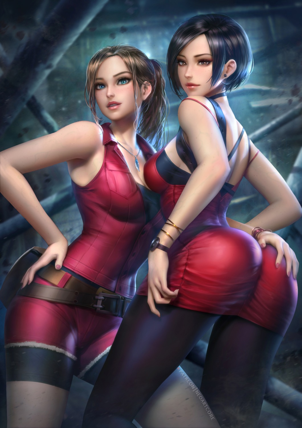 ada_wong ass ass_grab claire_redfield cleavage dress nudtawut_thongmai pantyhose resident_evil resident_evil_2 yuri