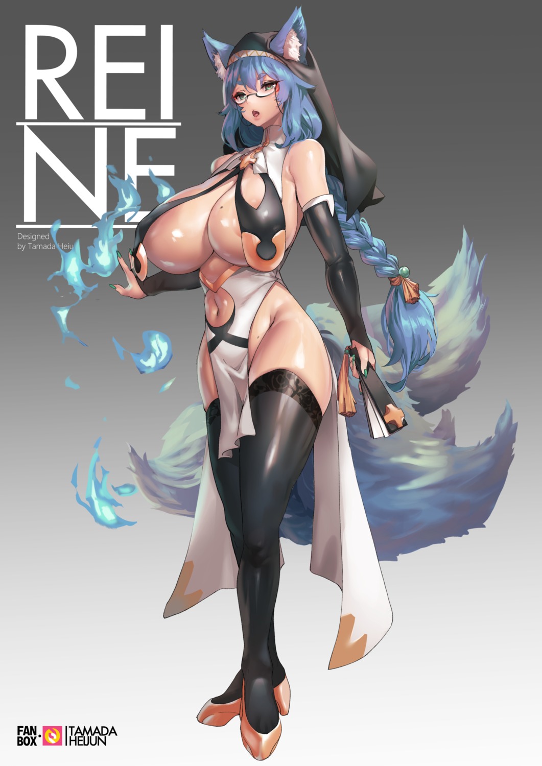 animal_ears areola erect_nipples foxrain kitsune megane no_bra nopan nun tail tamada_heijun thighhighs