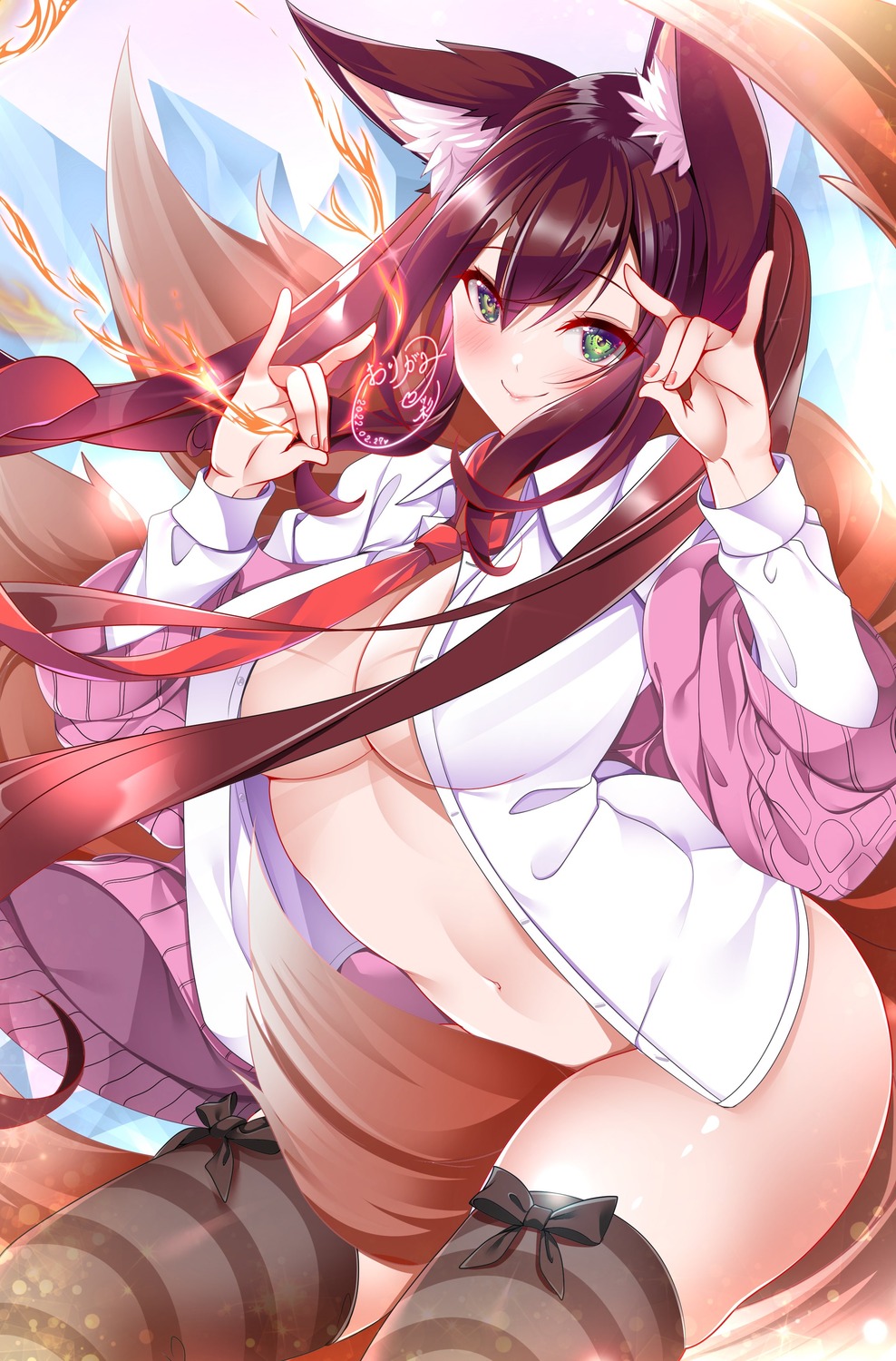 animal_ears bottomless kitsune no_bra open_shirt origami_aya seifuku sweater tail thighhighs