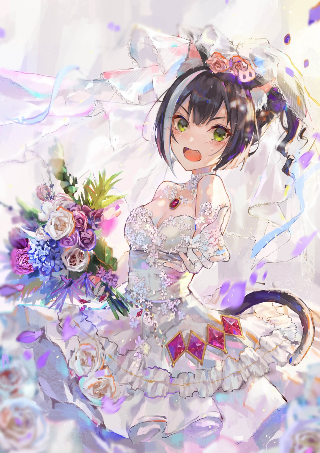 animal_ears cleavage dress fang_qiao karyl_(princess_connect) nekomimi no_bra princess_connect princess_connect!_re:dive skirt_lift tail wedding_dress