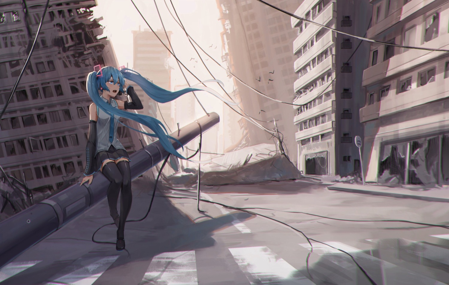 hatsune_miku headphones im_catfood thighhighs vocaloid